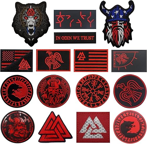 AliPlus 16 parches vikingos – Vegvisir, Aegishjalmur, Valknut, lobo, cuervo, timón de asombro – Parche de PVC reflectante infrarrojo bordado con