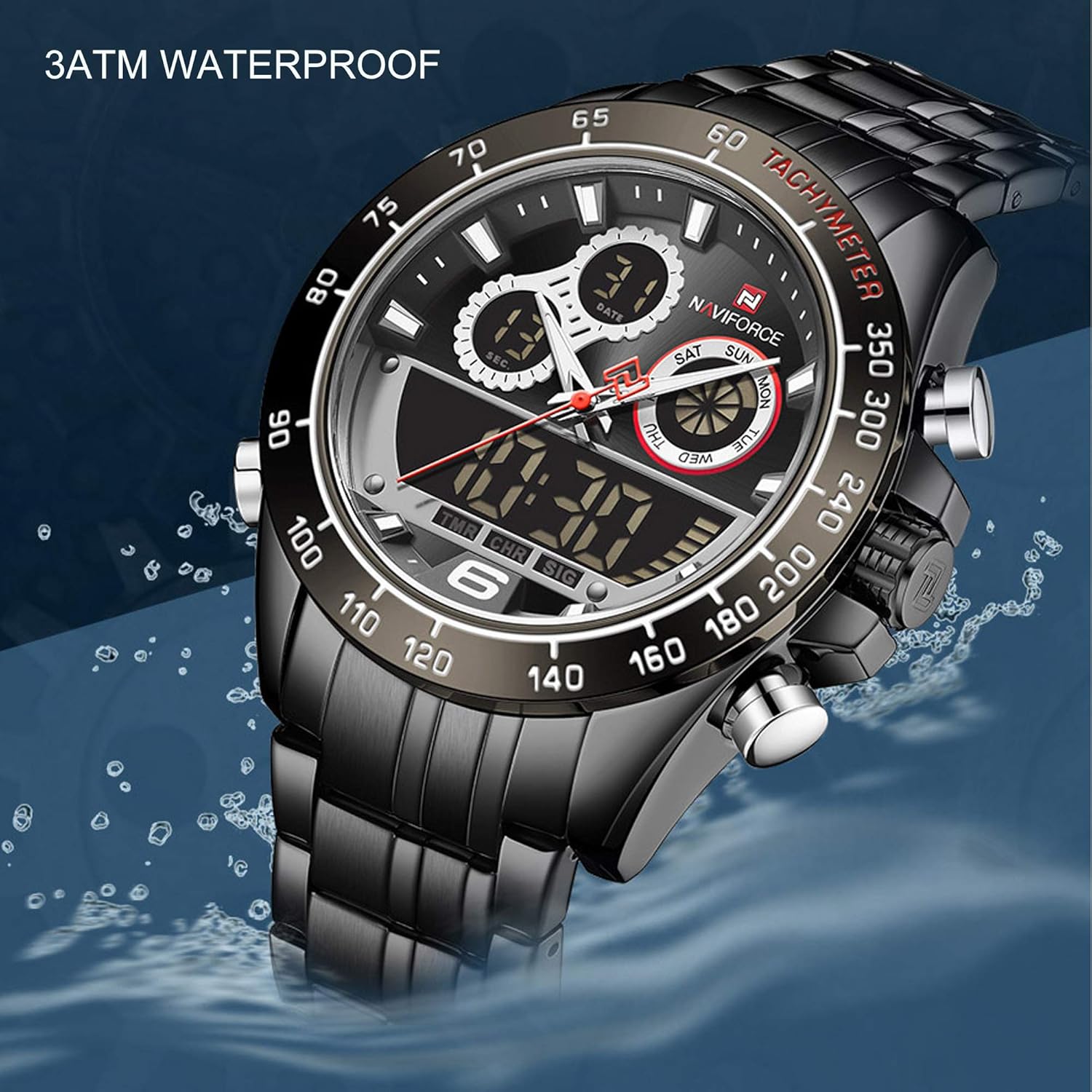 NAVIFORCE Mens Analog Digital Sport Watches Waterproof Multifunction Chronograph Silicone Strap Watch BLACK