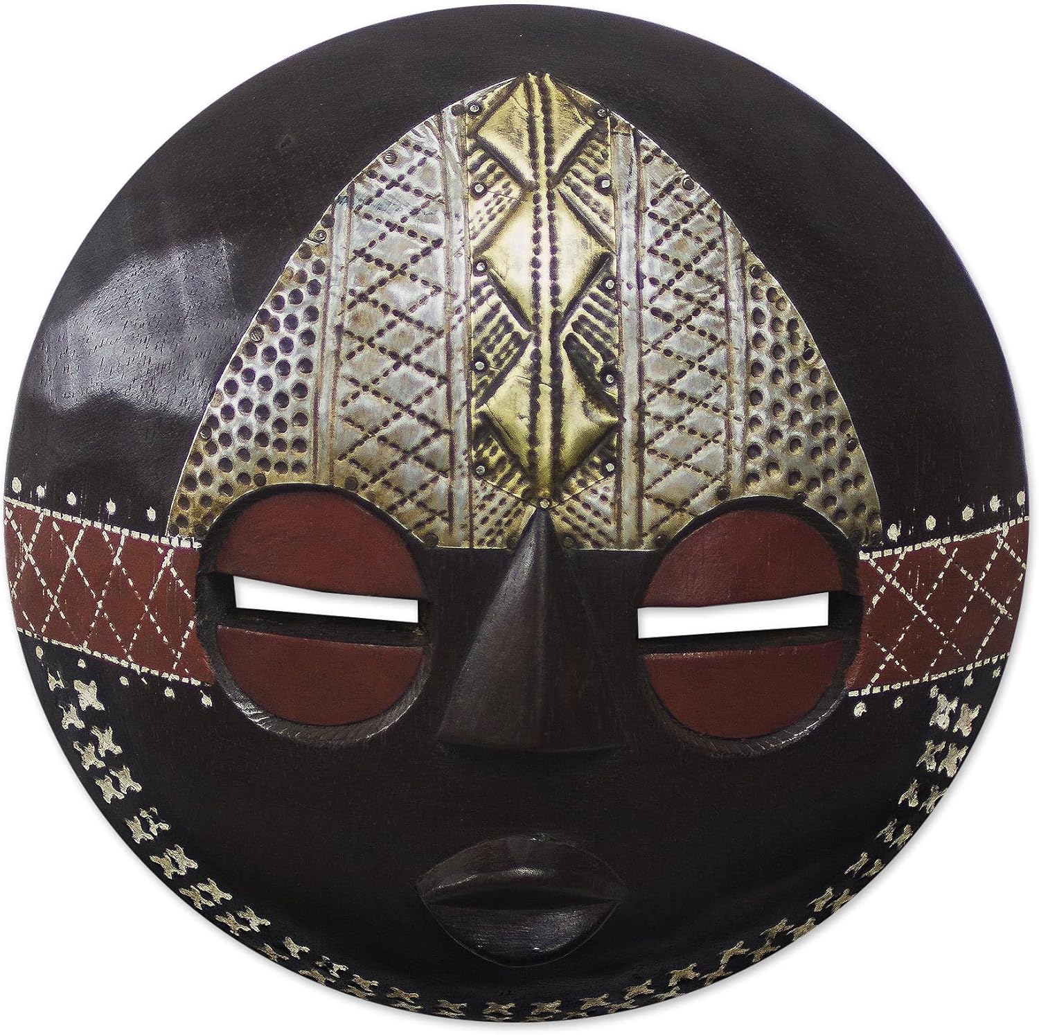 NOVICA Artisan Handmade African Wood Mask Round Sese in Brown from Ghana Woodbrass Masks Ghanaian [3.1in H x 8.75in W x 8.75in D] ' Elikem Child'