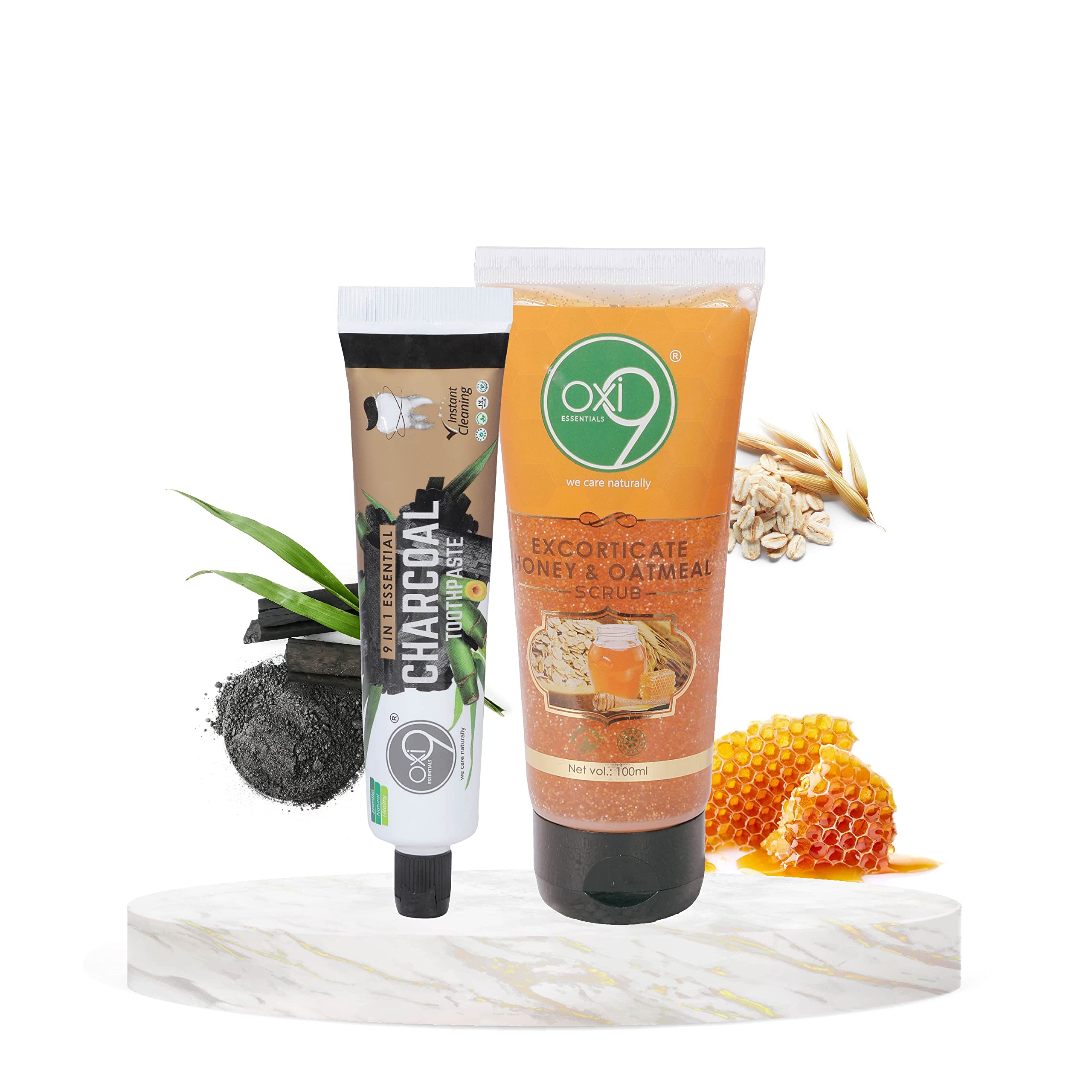 Oxi9 Excorticate Honey & Oatmeal Scrub 100ml for remove impurities & restoring elasticity + 9 in 1 Essential Charcoal Toothpaste 75gm for refreshing smell & prevent cavities-image-34