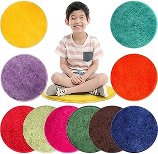 10 Pieces Kids Crazy Carpet Circle Seats 18 Inch Rainbow Round Floor Rug Mats Warm Colorful Soft Floor Cushions for Home School Classroom Story Time Group Activity Spot Marker Play Areas