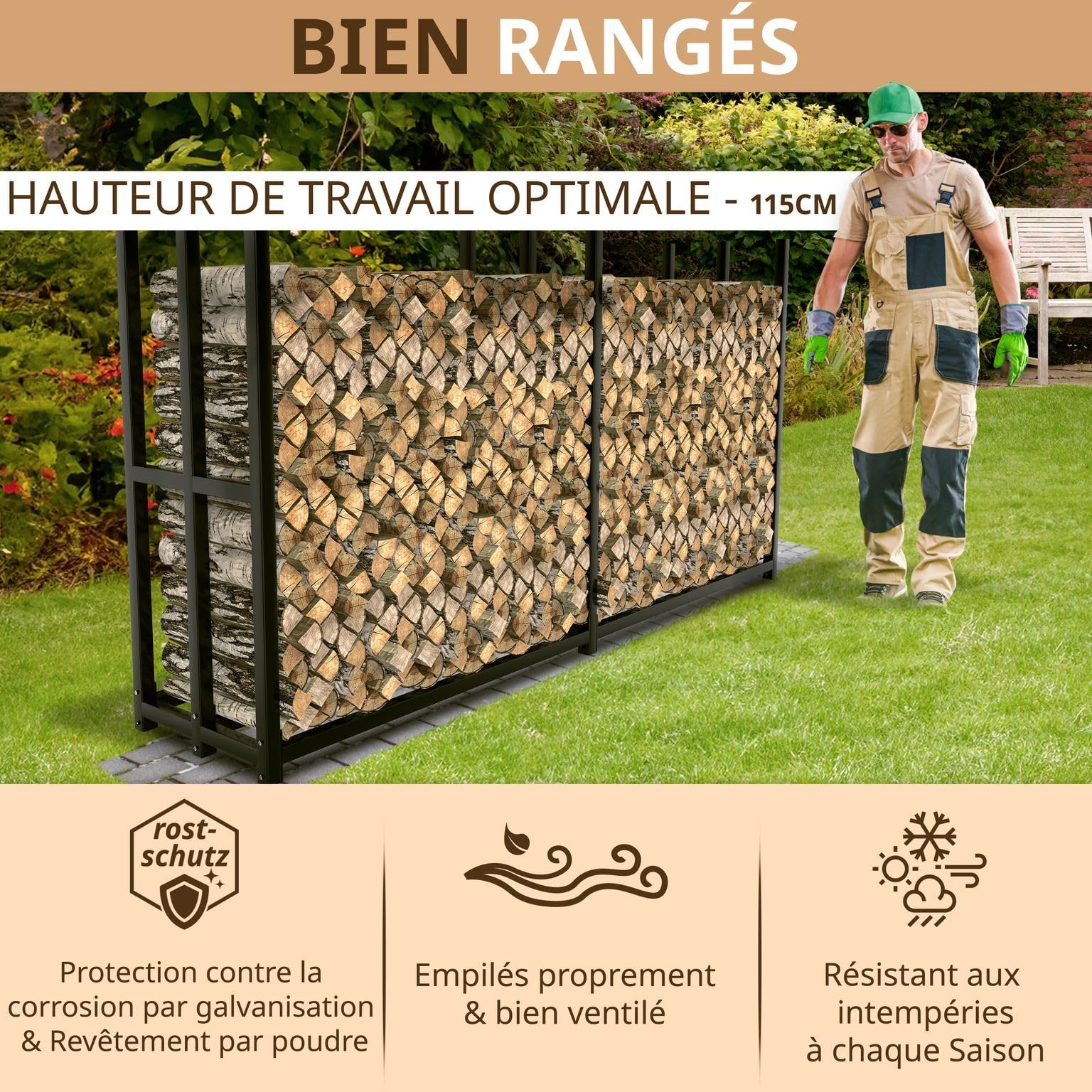 LAWA Porte-bûches extérieur métal galvanisé 223x50x115 cm Support 25-33 cm