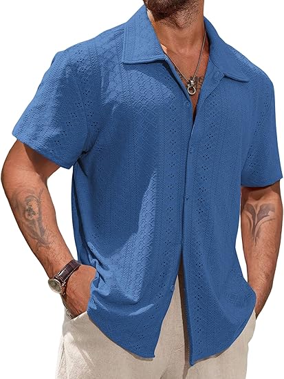 Vssjavun Mens Short Sleeve Button Down Shirts Casual Hollow Out Summer Beach Shirt