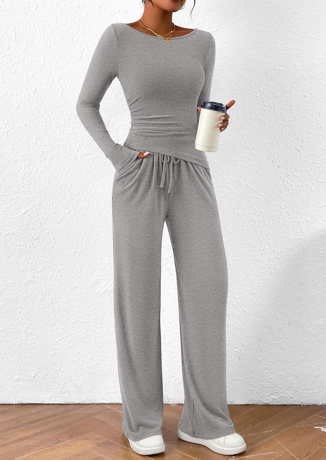 PRETTYGARDEN Women's 2 Piece Lounge Sets Asymmetrical Long Sleeve T Shirt Wide Leg Pants Casual Outfits Tracksuit - Image 4