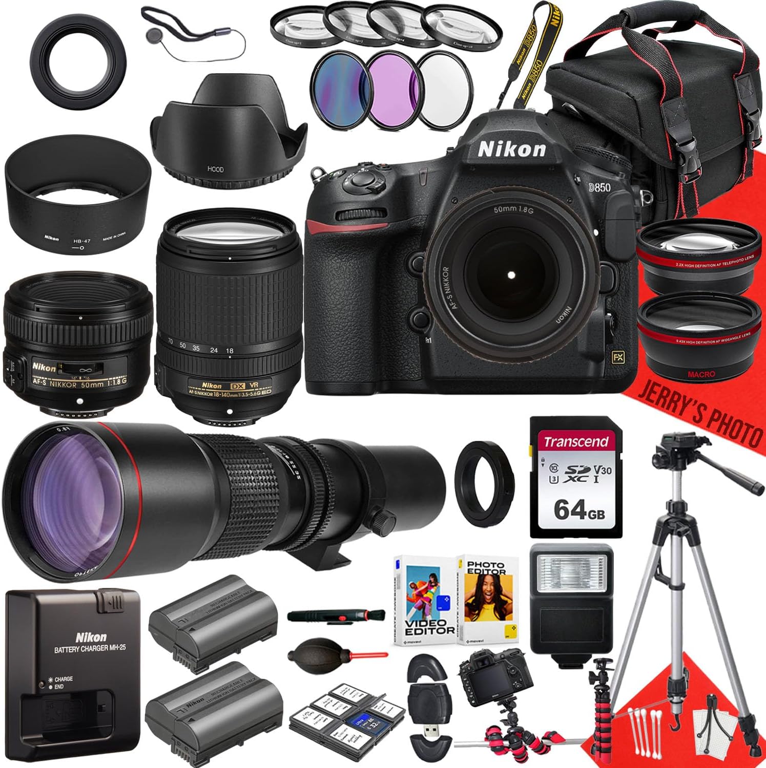 Nikon D850 DSLR Camera with AF-S DX 18-140mm f/3.5-5.6G ED VR Lens, AF-S 50mm f/1.8G Lens and 500mm Lens + 64 GB Memory + Extra Battery + Filters + Tripod + More (40pc Bundle)