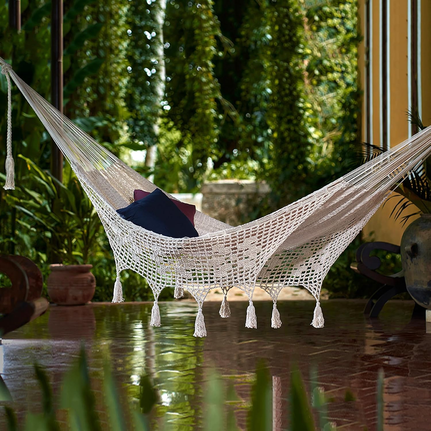 NOVICA Ivory Off White Hand Woven Cotton Mayan 2 Person XL Rope Hammock with Crochet Fringe, Caribbean Sands' (Double)