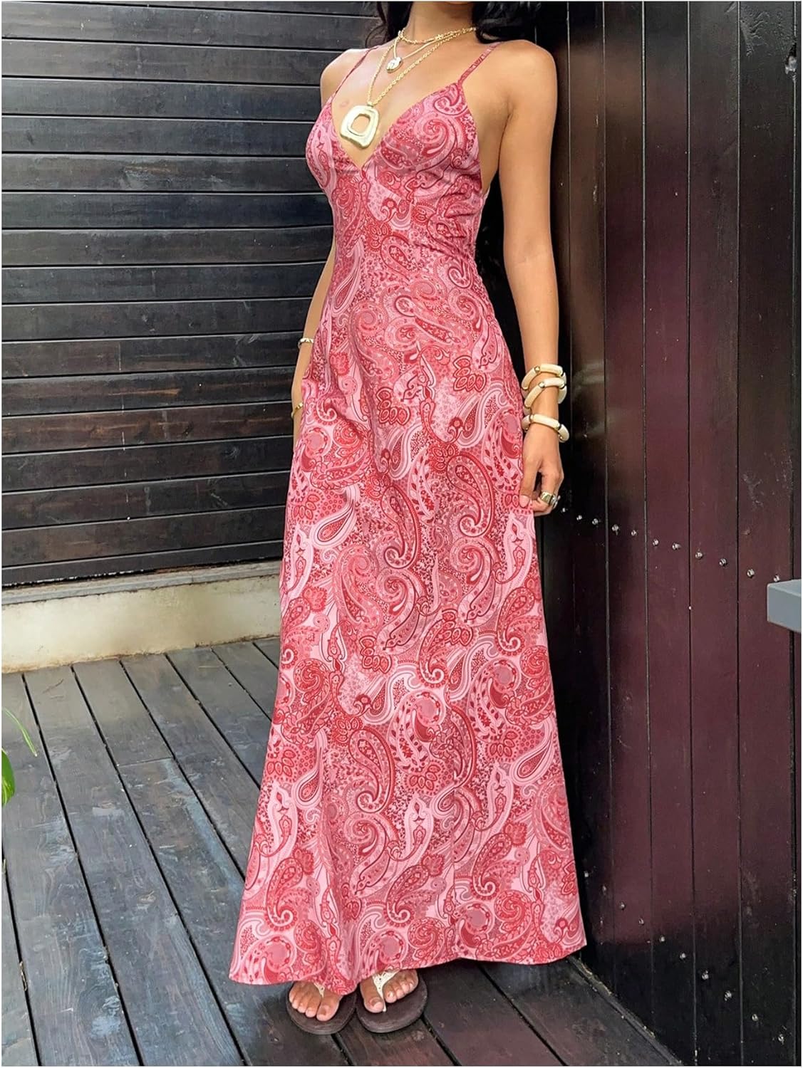 SHENHE Women's Summer Boho Maxi Dress Backless Low Back Paisley Spaghetti Strap Beach Sundress - Image 2