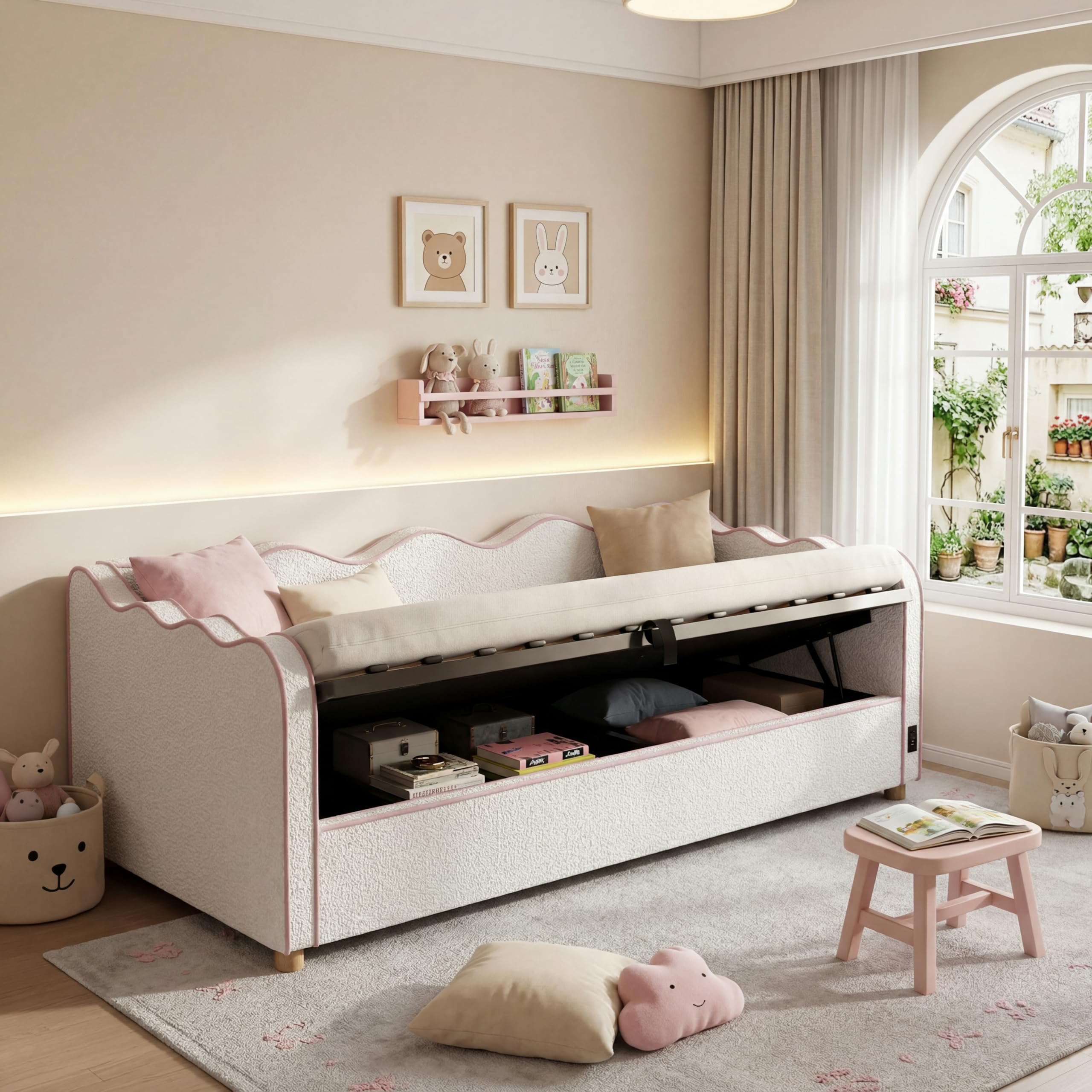 Sofá Cama 90x200 Tapizado Bouclé Cama Canapé sin Colchón Single Bed con Almacenamiento Integrado con Somier de Lamas con Elevación Hidráulica para Dormitorio Beige