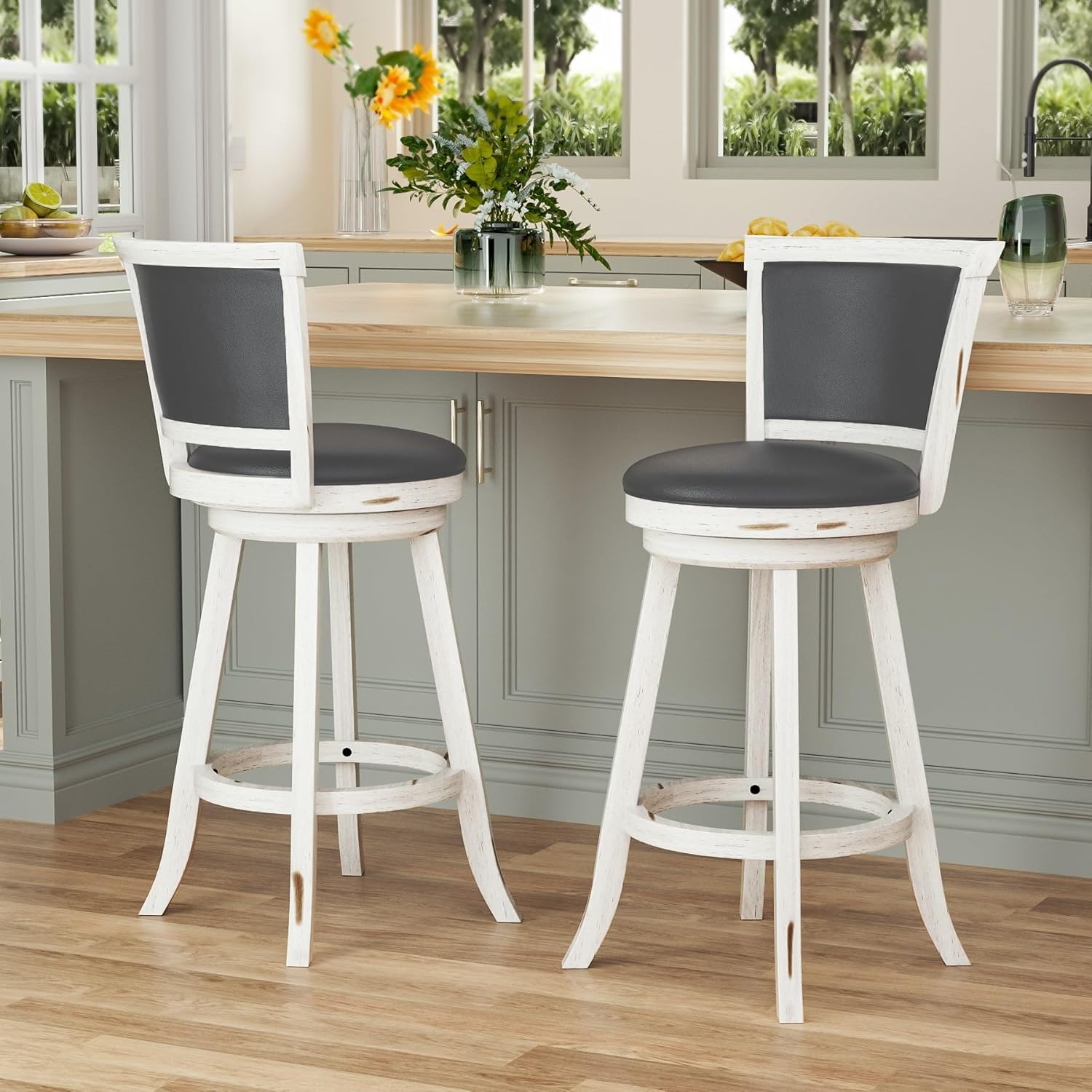Swivel Bar Stools Set of 2, 29" Bar Height Swivel Barstools with Back & Faux Leather Upholstered Seat, Island Chairs with Solid Wood Legs & Footrest for Kitchen, Dining Room, Pub, White