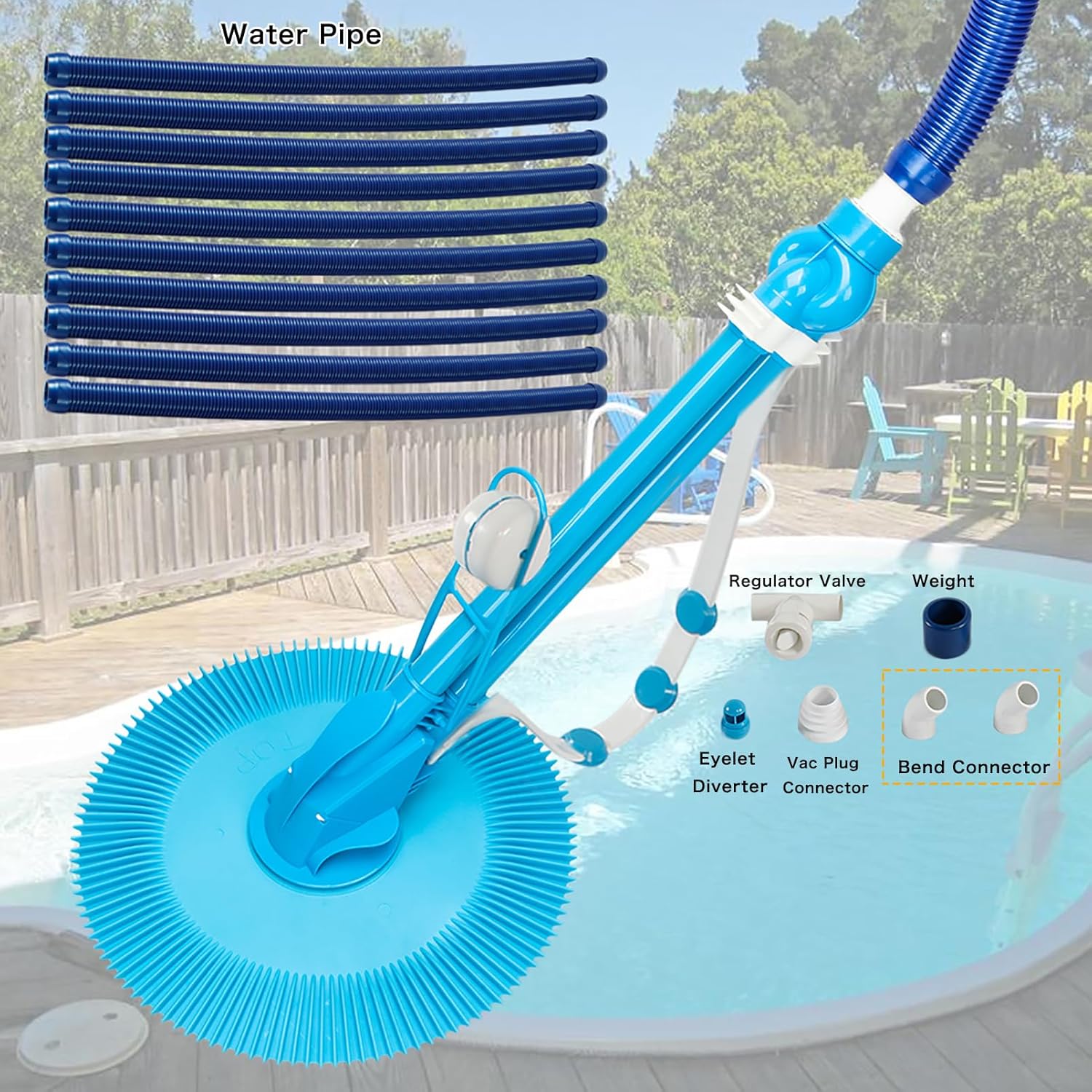 Automatic Pool Vacuum Cleaner w/ 10 Hose, Suction Swimming Pool Sweeper Vacuum Cleaner for Above-Ground & In-ground Swimming Pool, Low Noise, Easy to Set Up, Blue