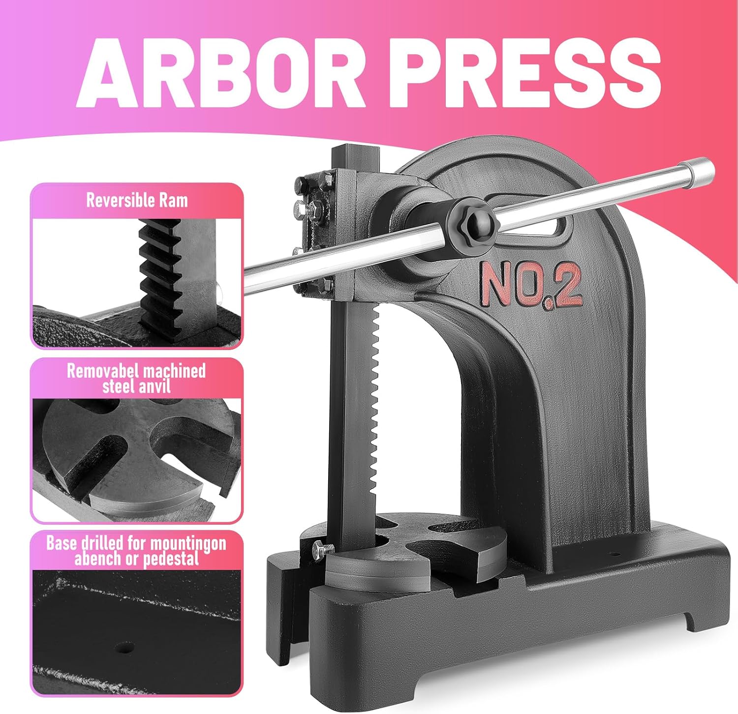 Arbor Press, 2-Ton Manual Arbor Press with Reversible Ram & Steel Anvil - Cast Iron Manual Press for Metal Stamping, Extrusion, Engraving (Bench, Pedestal Mountable) (2T)