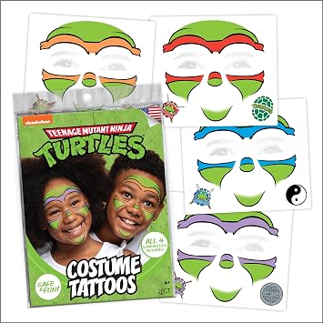 Teenage Mutant Ninja Turtles Costume Face Tattoos Temporary Tattoo Set for Kids Featuring Leonardo, Donatello, Michelangelo & Raphael, Easy Halloween Costume Accessory, Non-Toxic & Skin-Safe