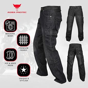 Rider Protec Mens Motorcycle Pants with Reinforced Aramid Lining Hip and Knee Protective Pads Motorbike Riding Jeans