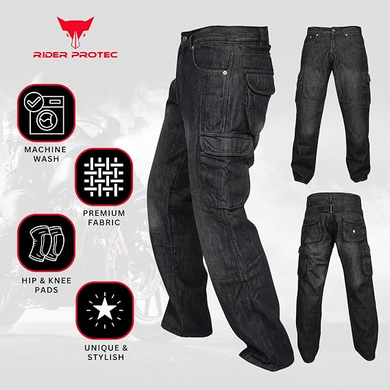 Rider Protec Mens Motorcycle Pants with Reinforced Aramid Lining Hip and Knee Protective Pads Motorbike Riding Jeans