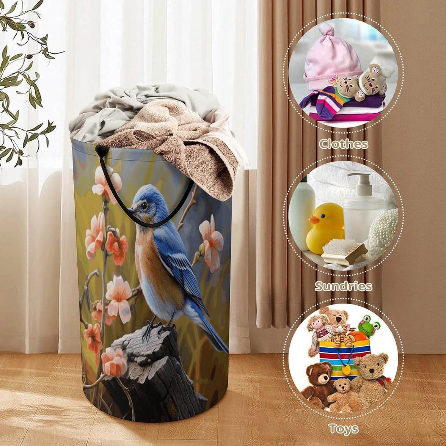 Eastern Bluebird Laundry Hamper Fashion Dirty Laundry Hamper Portable Laundry Hampers with Handles Lightweight Large Clothes Storage Basket for Bedroom Bathroom