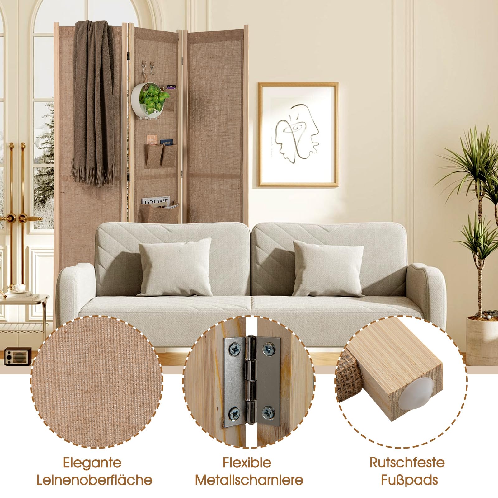 COSTWAY Paravent 170 x 121cm, Raumteiler mit 2 Haken, 1 große & 3 kleine Aufbewahrungstaschen, 3 teilige Trennwand klappbar, Leinen Optik, Holzrahmen, Sichtschutz für innen