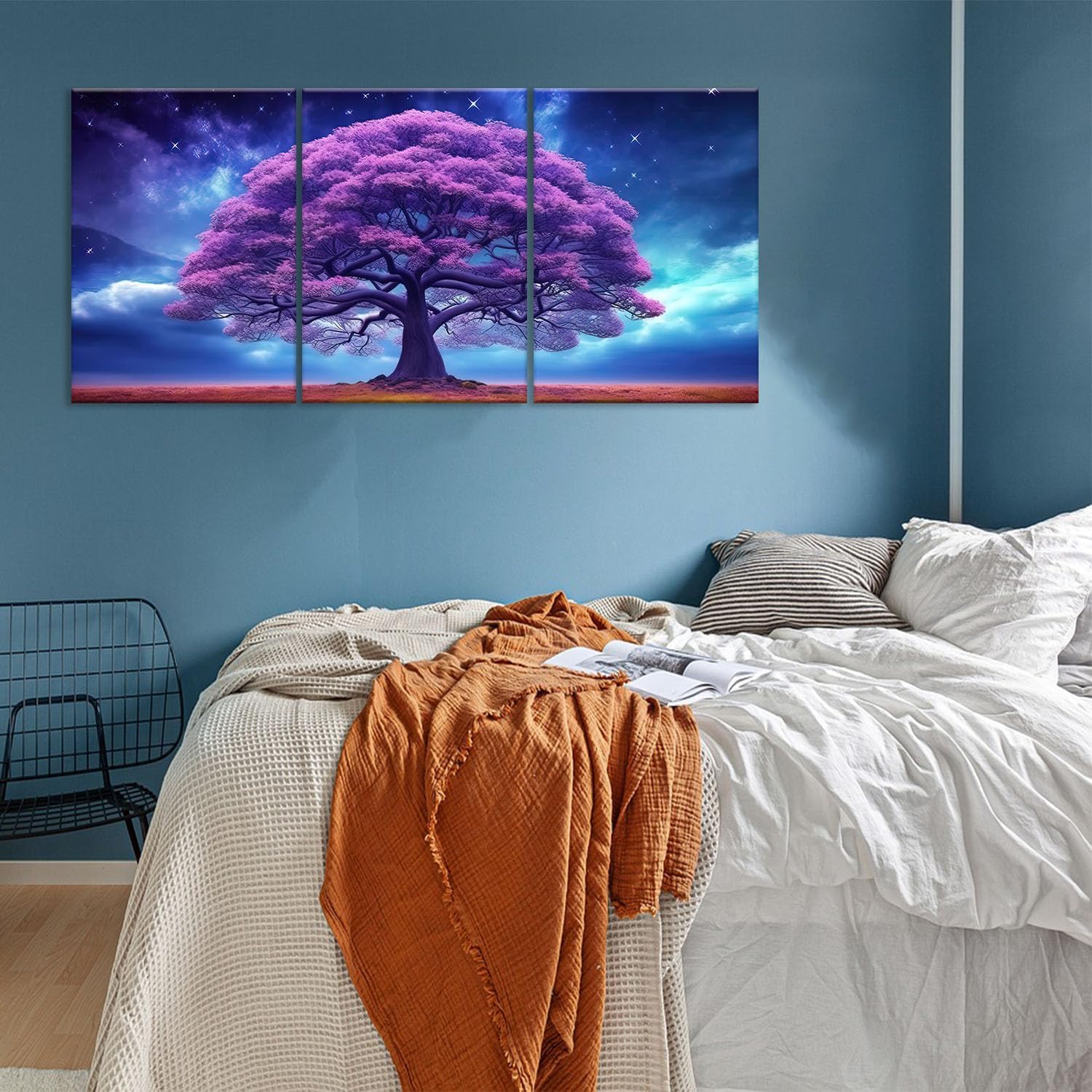 MODOJOART Tree Scenery Canvas Wall Art, Purple Tree in the Meadow Painting Print Nature Scenery Poster Picture for Living Room Bedroom Decor Set of 3(Artwork-01, 12"x16")