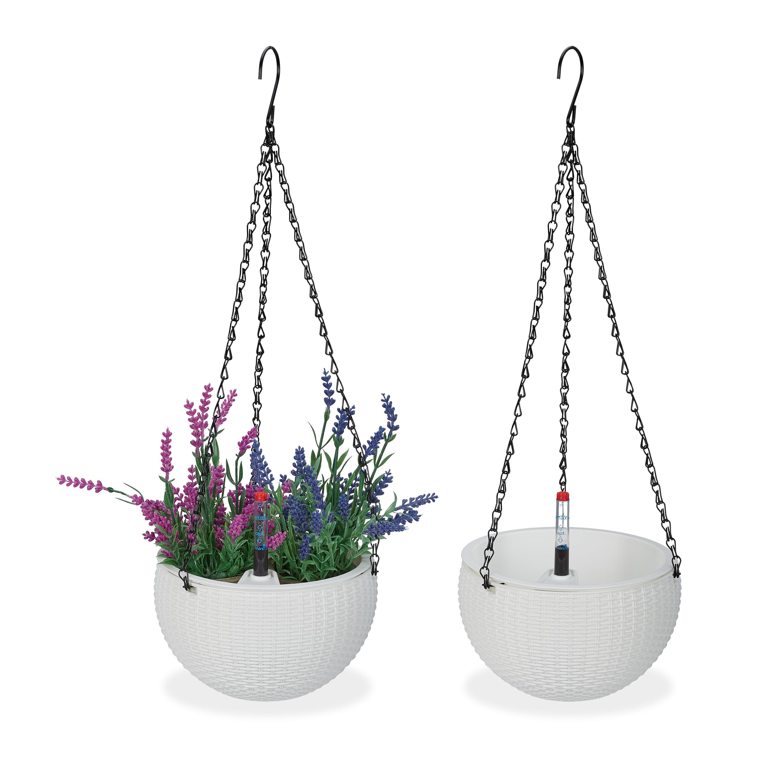 Relaxdays Blumenampel mit Wasserspeicher – 2er Set, Blumentopf hängend, weiß