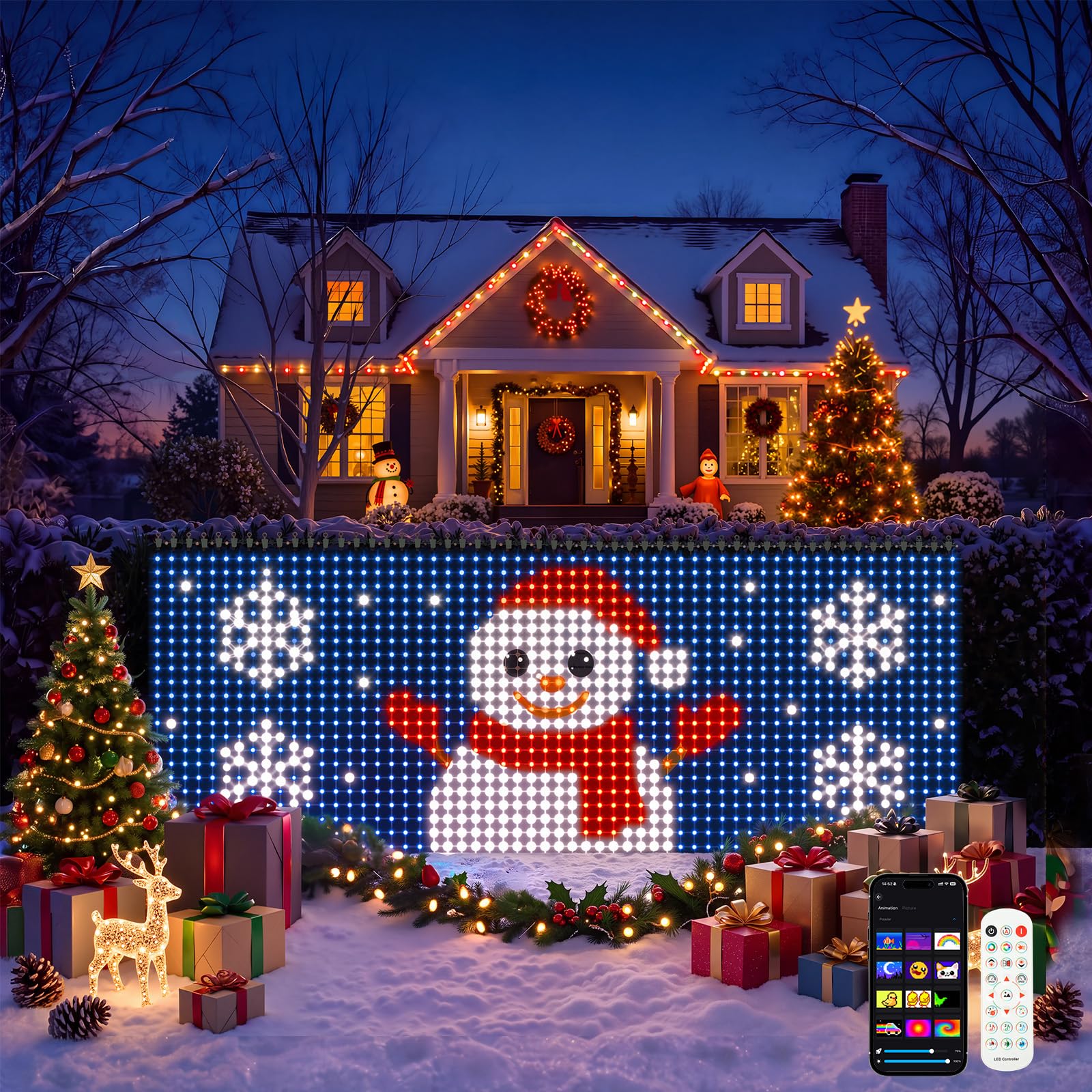 Christmas Net Lights Outdoor, RGB Point-Control, DIY Mode, Music Sync, Waterproof Net Christmas Lights for Bush, Patio Decor Net Lights Outdoor Mesh Lights, Smart RGB 9.84x3.93Ft 600 LED DIY with App