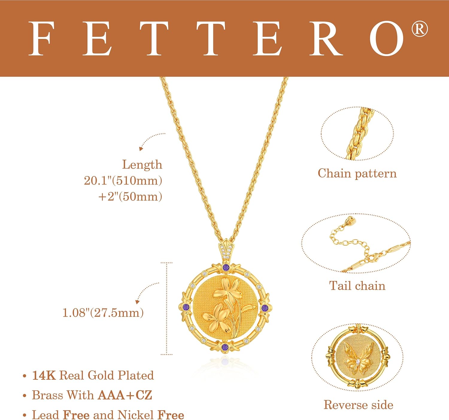 Fettero Gold Necklace for Women Birth Flower Necklace with Birthstone 14K Gold Plated Dainty Rotating Coin Pendant Necklace Personalized Birth Month Jewelry for Birthday Mother's Day Gift 12 Month - Image 6