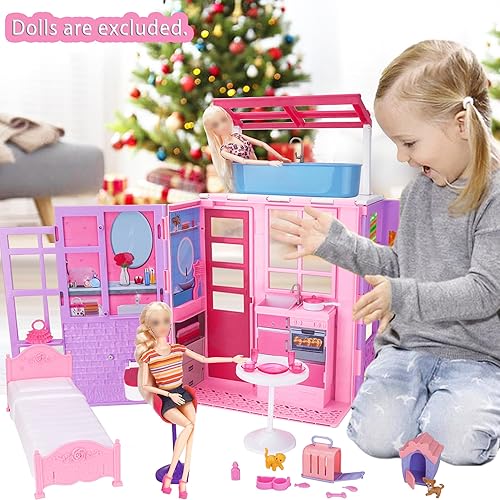 Miniatura 7 de Casa de muñecas plegable para muñecas de 12 pulgadas, casa de muñecas de 2 pisos con loft, habitaciones de mascotas, más de 40 piezas de muebles y