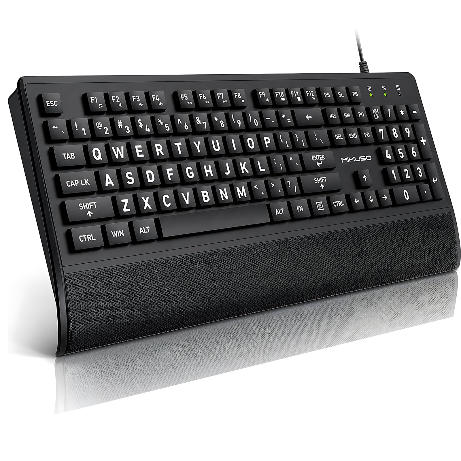 Große Drucktastatur, USB-Tastatur mit Handgelenkauflage und Staubschutz, 104 Tasten, leicht zu sehen, schwarz mit weißen Buchstaben, für Senioren, niedrige Sicht, Bürotippen, faltbare Füße