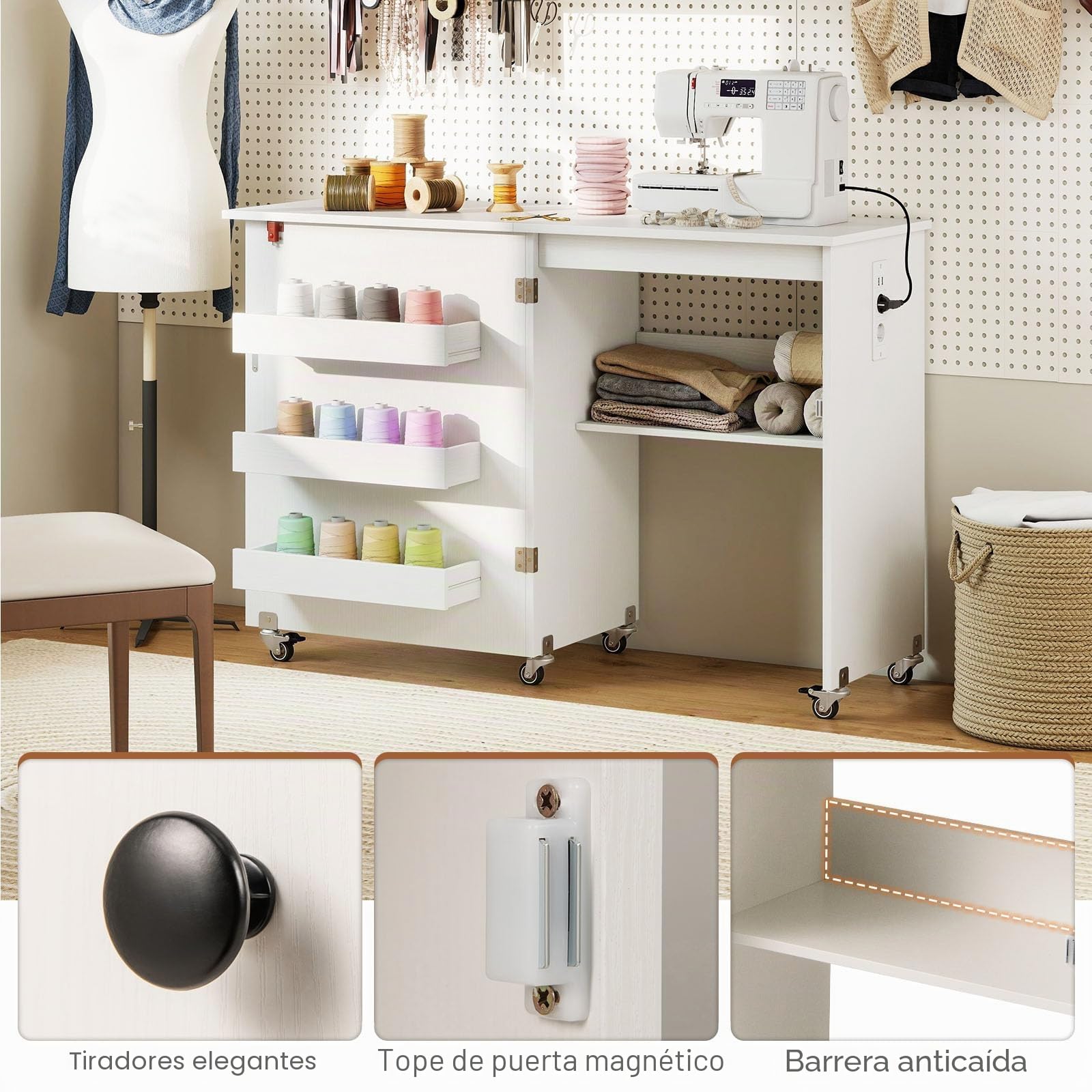 LIFEZEAL Mesa de Coser Plegable con Base de Carga, Armario de Máquina de Coser Móvil con Estante y Cajones, Armario de Costura Multifuncional con Ruedas para el Hogar y la Oficina (Blanco)