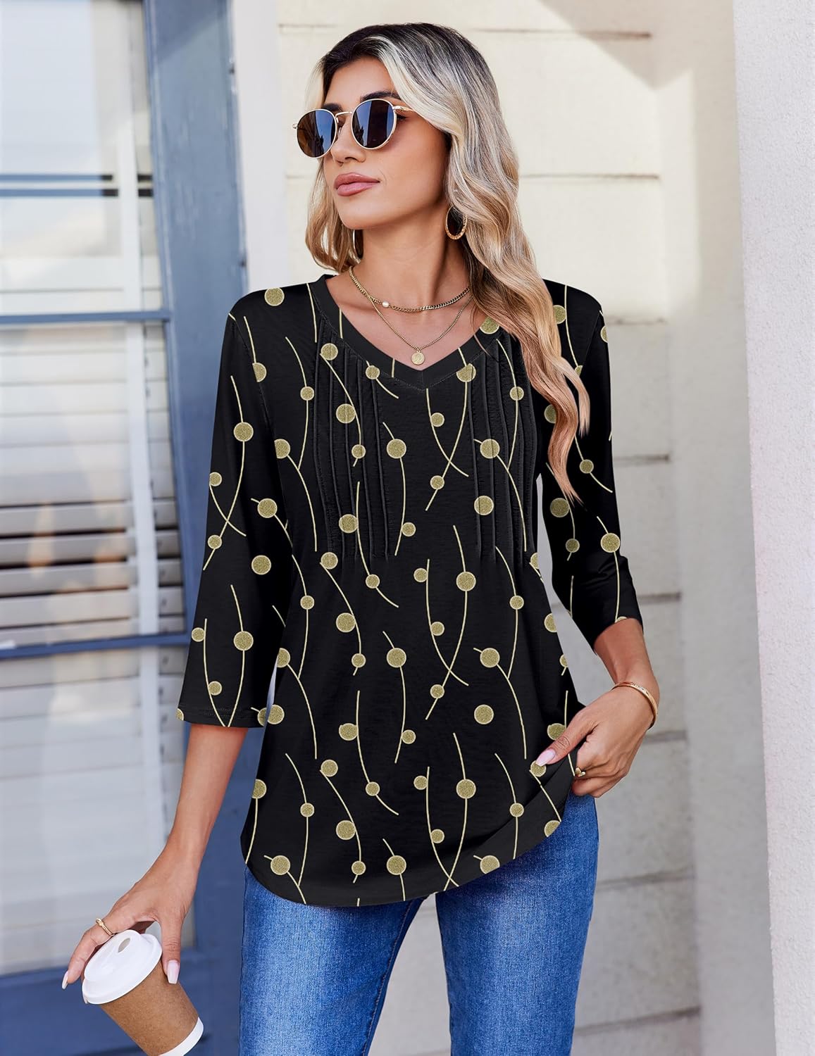 Zeagoo 3/4 Length Sleeve Womens Tops Casual V Neck Pleated Top Boho Floral Blouses Work Shirts - Image 4