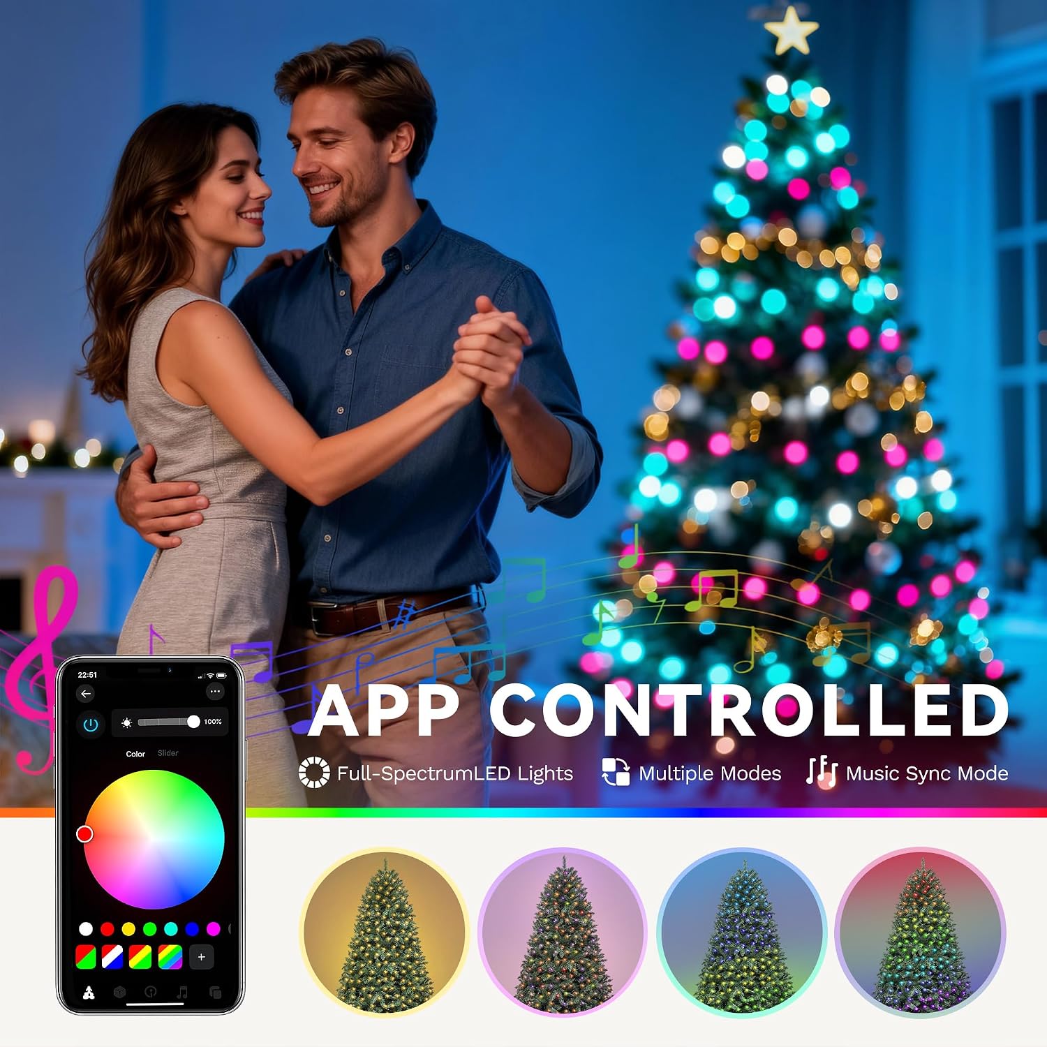 DWVO 7.5ft Christmas Tree with 400 LED Lights, Prelit Artificial Twinkling Xmas Christmas Tree Smart Controlled, 1800 Thickened Branch Tips, Metal Stand, UL Listed for Home Party Office Decoration