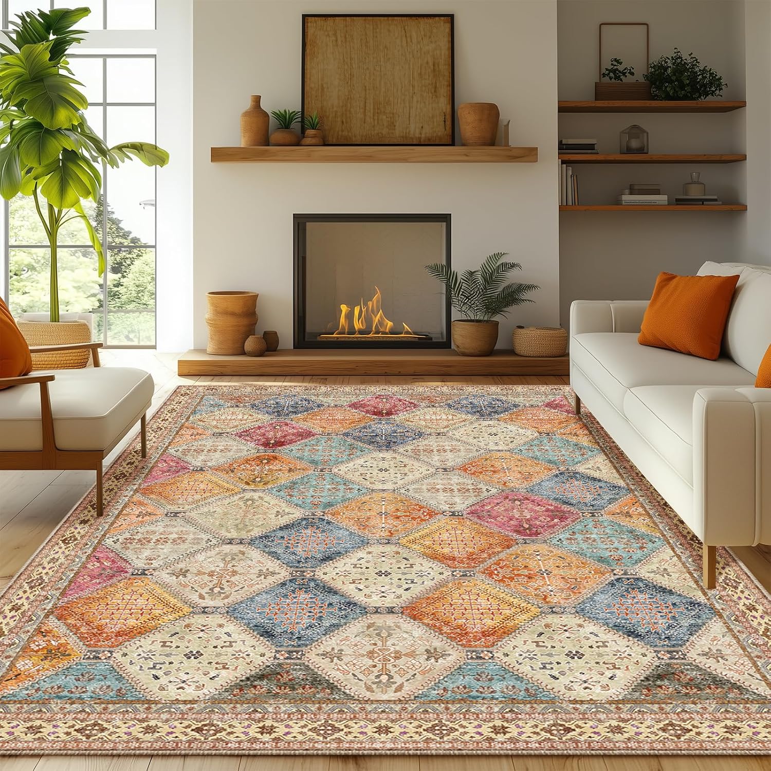 8x10 Area Rug Bohemian Rugs with Print Trellis Pattern Stain Resistant Washable Carpet for Living Room and Dinning Room Orange/Beige/Navy/Rose Orange/Beige/Navy/Rose 8x10