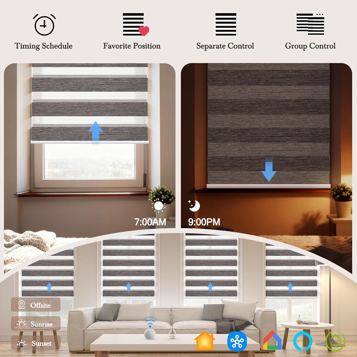 Motorized Zebra Blinds, Automatic Shades for Indoor Windows Work with HomeKit, Alexa, Google Home, Customized Electric Blinds with Remote, App, Voice Control, 85% Blackout River Stone