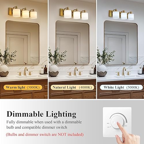 Miniatura 7 de Luces de tocador de vidrio de leche de acero inoxidable para baño, 3 lámparas de baño doradas claras sobre espejo, enchufes E26 de cerámica montados