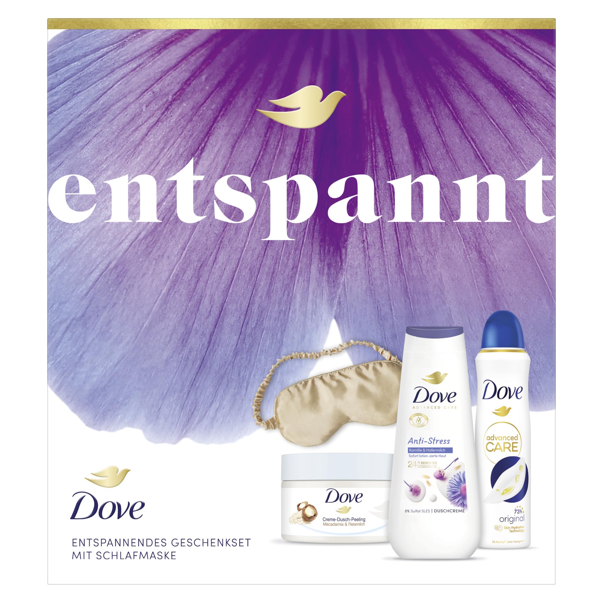 Dove Geschenkset "Entspannt" mit Duschcreme, Anti Transpirant, Dusch-Creme-Peeling und mit Schlafmaske 225 ml + 225 ml + 150 ml