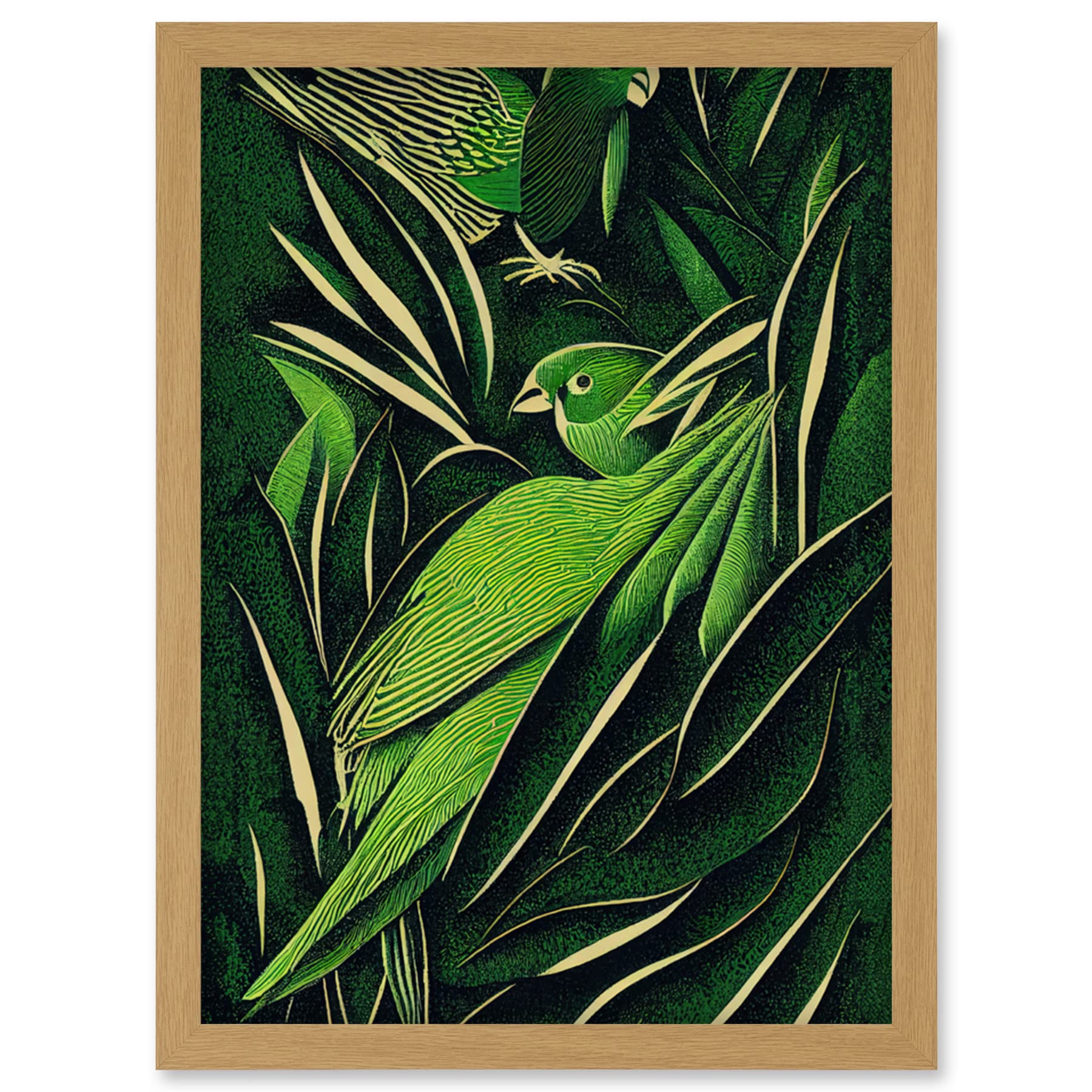 Wee Blue Coo Green Modern Vintage Retro Abstract Jungle Tropical Leaves Parrots Illustration Artwork Framed Wall Art Print A4