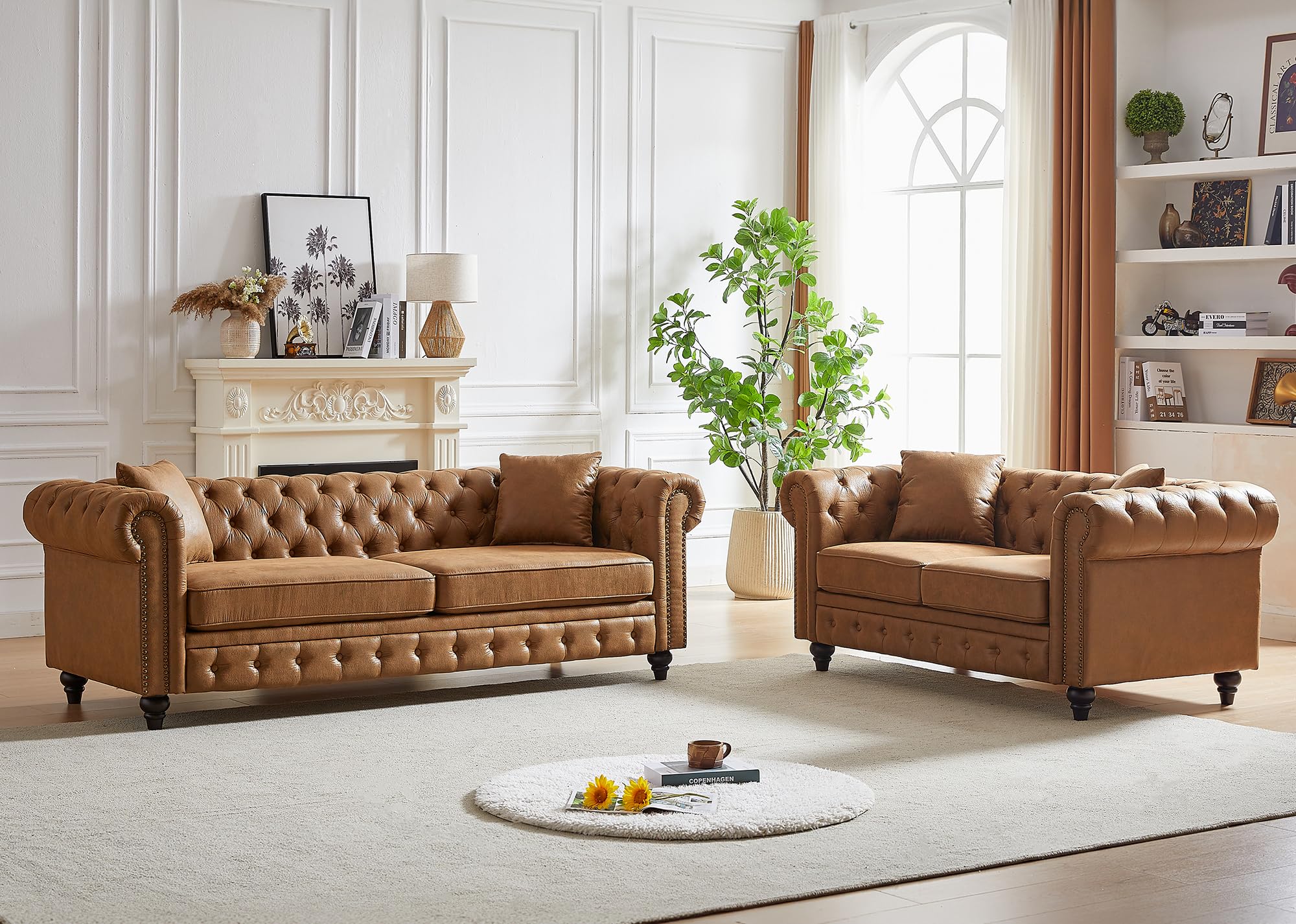 2 Piece Living Room Sofa Set,High-tech Fabric Button Tufted Couch and Loveseat Set with Nailhead Trim&Roll Armrests,Mid Century Modern Chesterfield