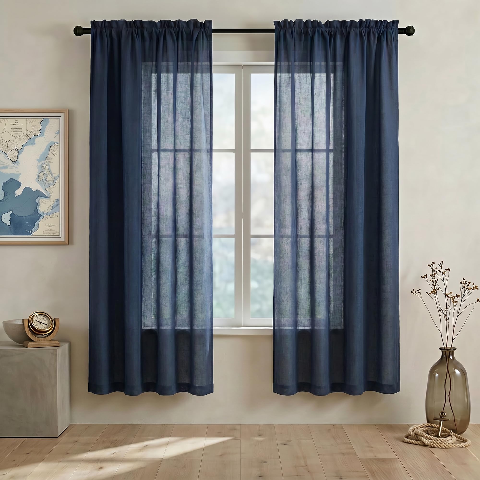Navy Blue Curtains, 2-piece, 72-Inch Long, Rod Pocket, Linen, Light-filtering, Semi-privacy, Dark Blue, Transparent, for Boys' Room, Living Room Decor, 52x72 Inch — image 1