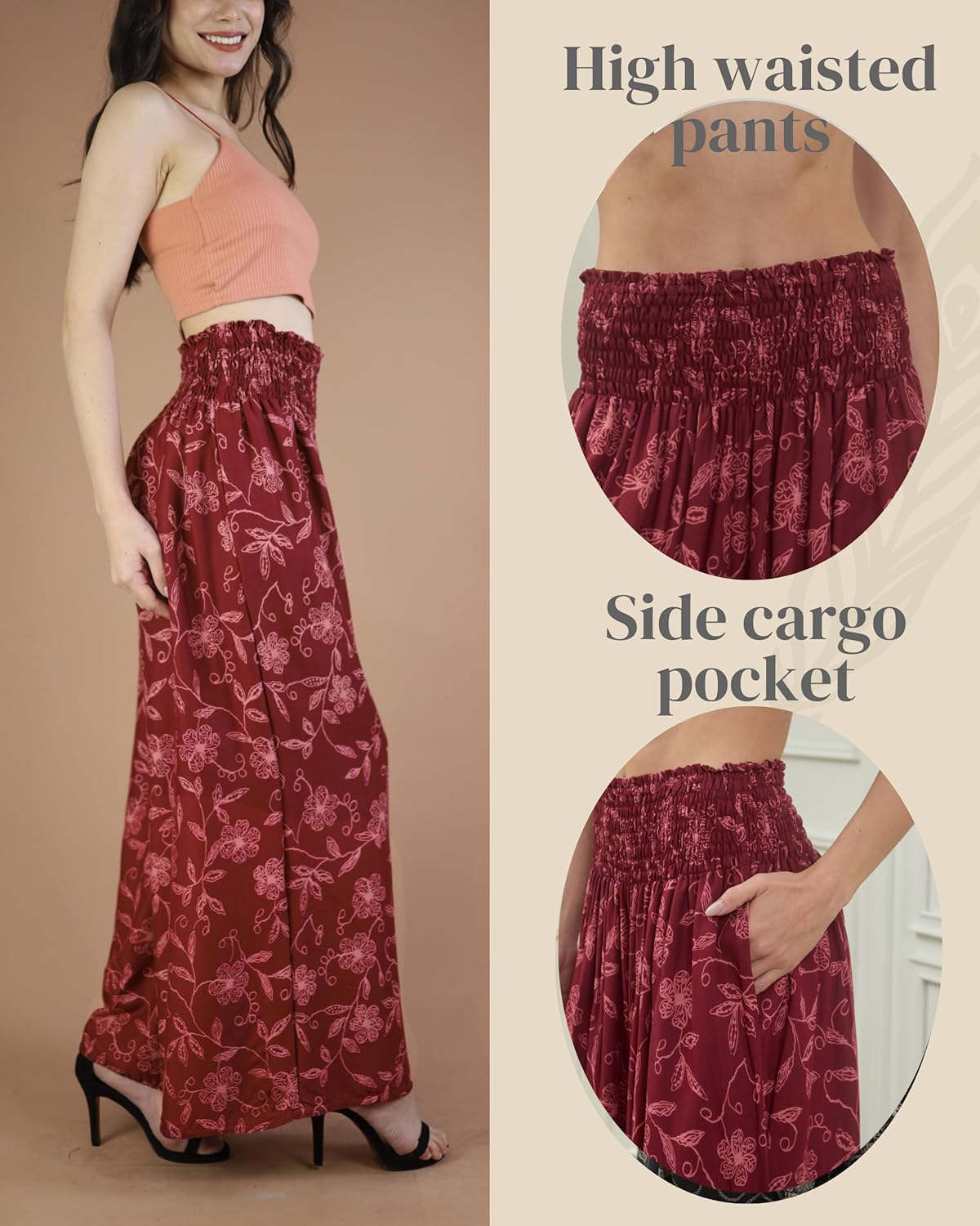 Boho Pants Palazzo Pants for Women with Pockets| Wide Leg high Waisted Flowy Pants for Women | Summer, Cruise, Vacation - Image 4