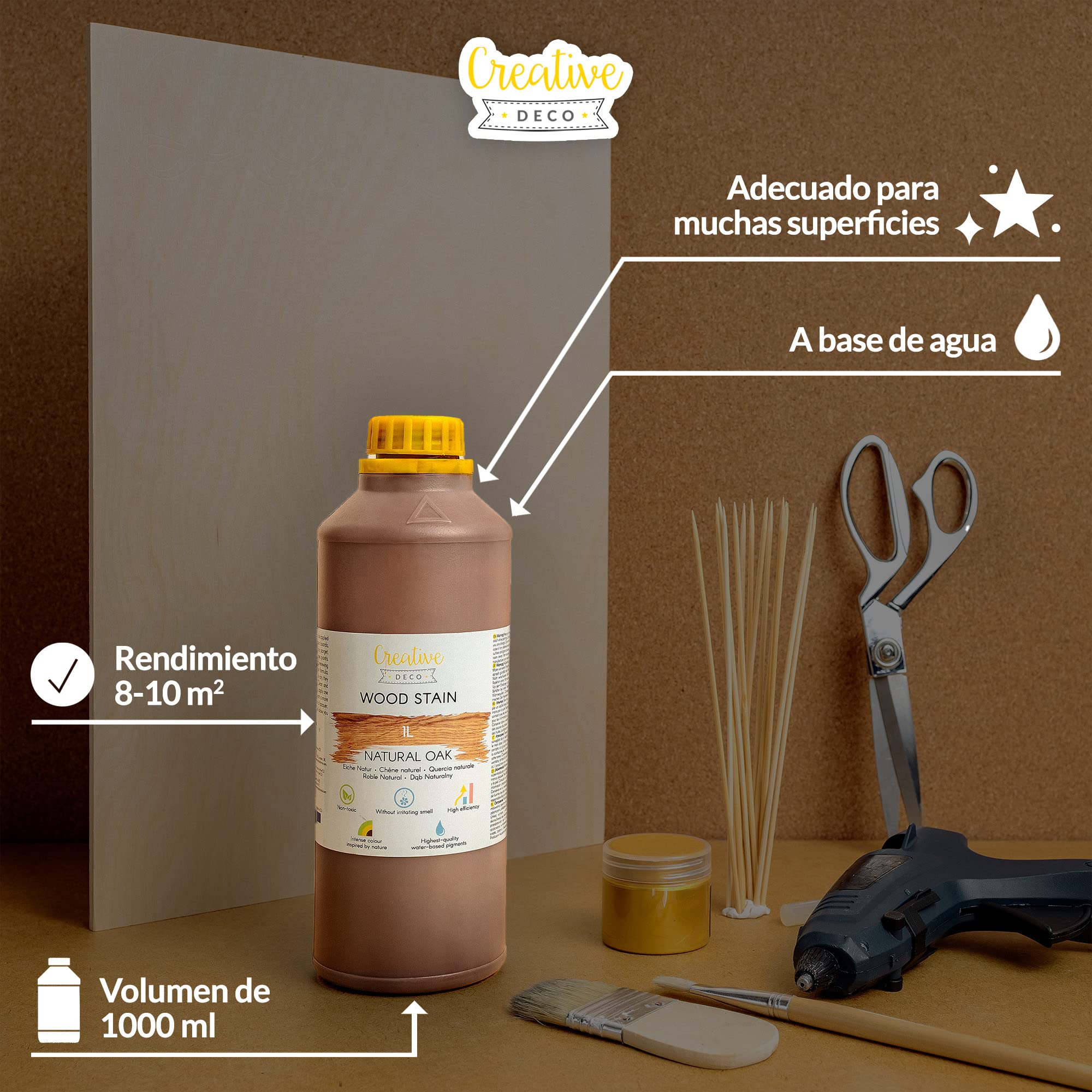 Creative Deco 1L Barniz Madera Interior Tinte al Agua | Color Roble Natural | 1L | Secado Rápido | No Tóxico | Para Paneles de Madera, Parquet, Hormigón, Ladrillo, Papel Pintado y Más | Alta Eficacia