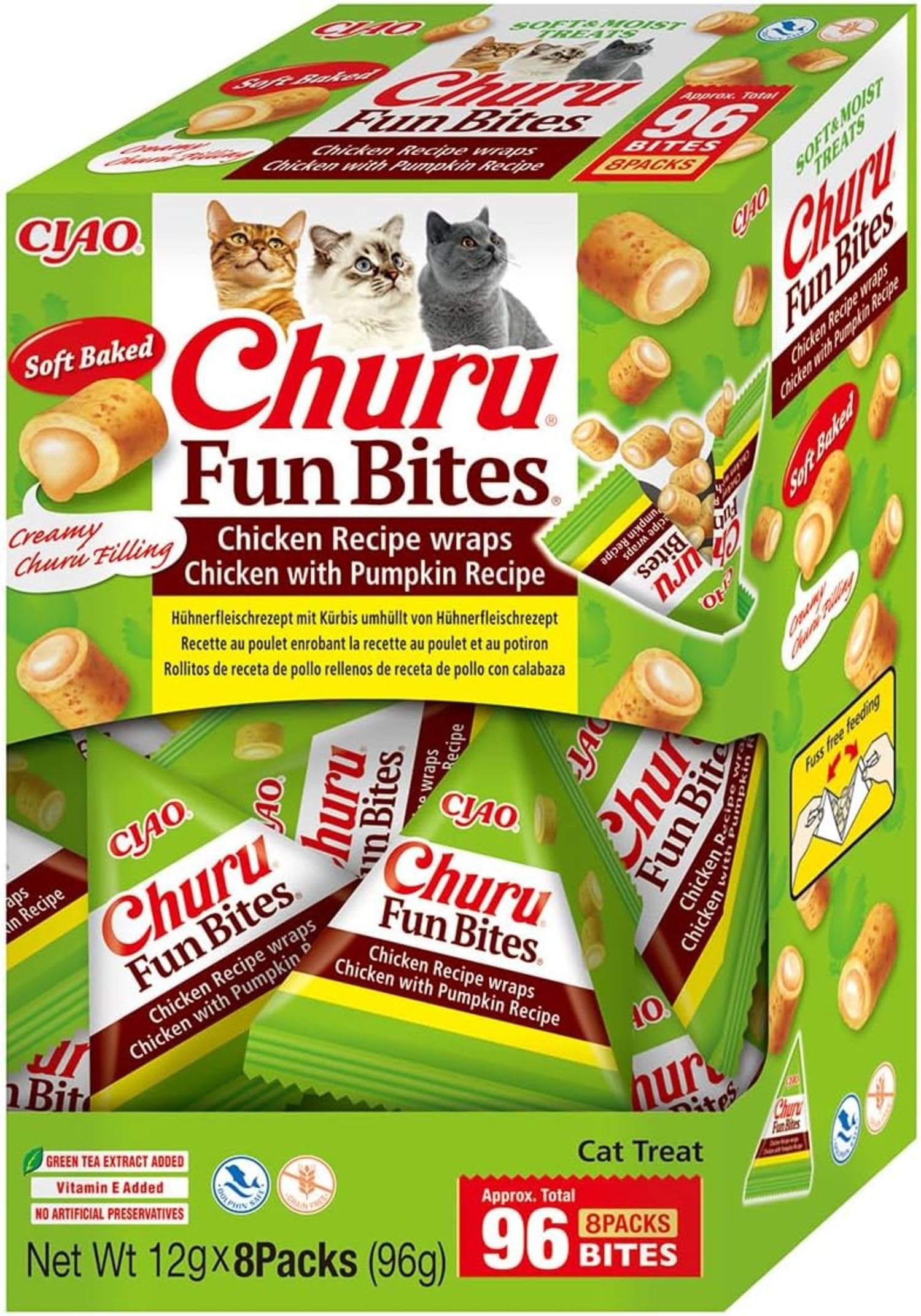 INABA Churu Fun Bites Snack per Gatti, Bocconcini di Pollo con Cuore di Zucca - 8 Pack x 12gr - Morbido e Cremoso - Cibo per Gatti Senza Conservanti o Coloranti Artificiali, Grain-Free