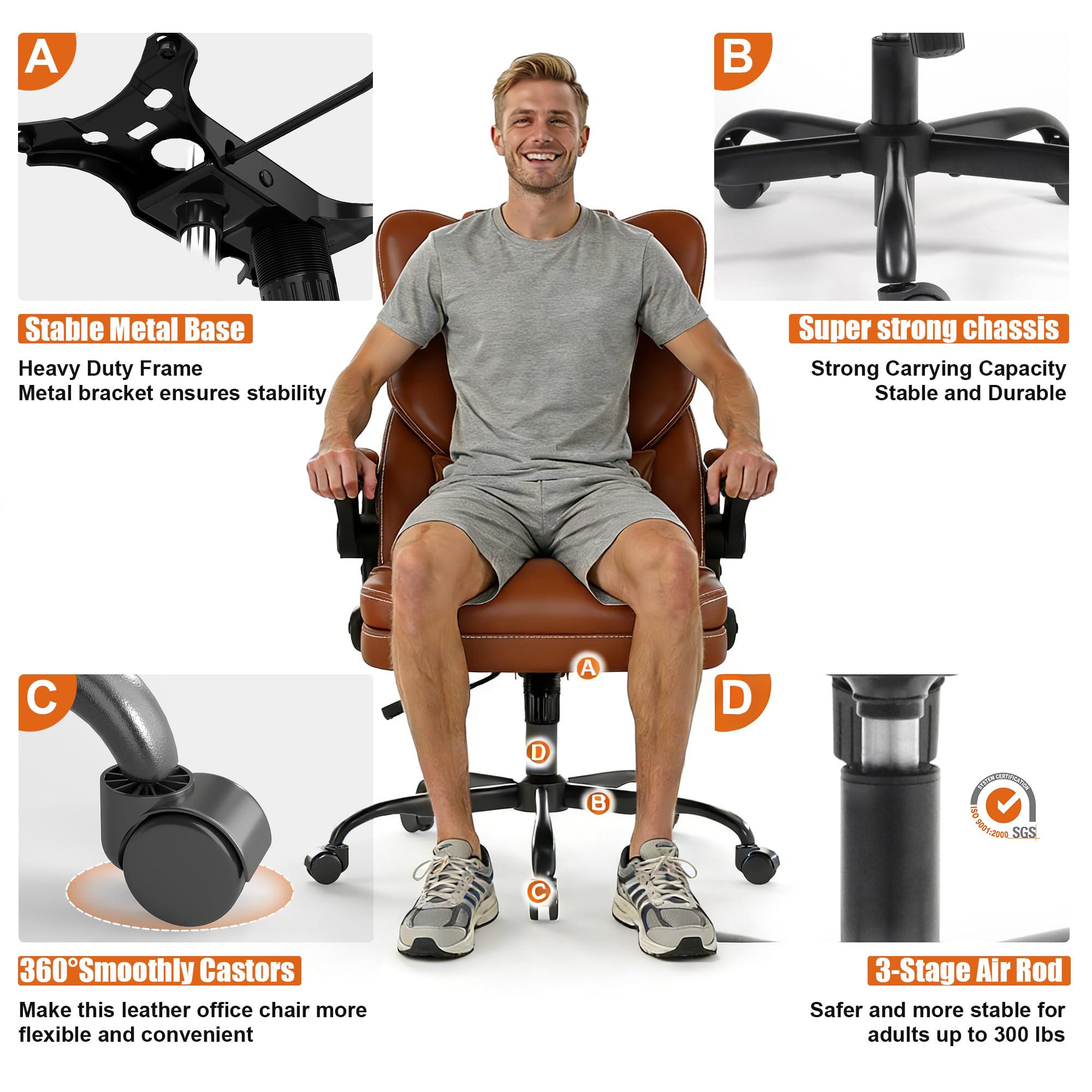 Ergonomic Office Chair with Flip-up Armrests 300lbs,Middle- Tall Computer Office Desk Chair with Lumbar Support,Executive PU Leather Chair with Rocking Function Adjustable Height for Home Office