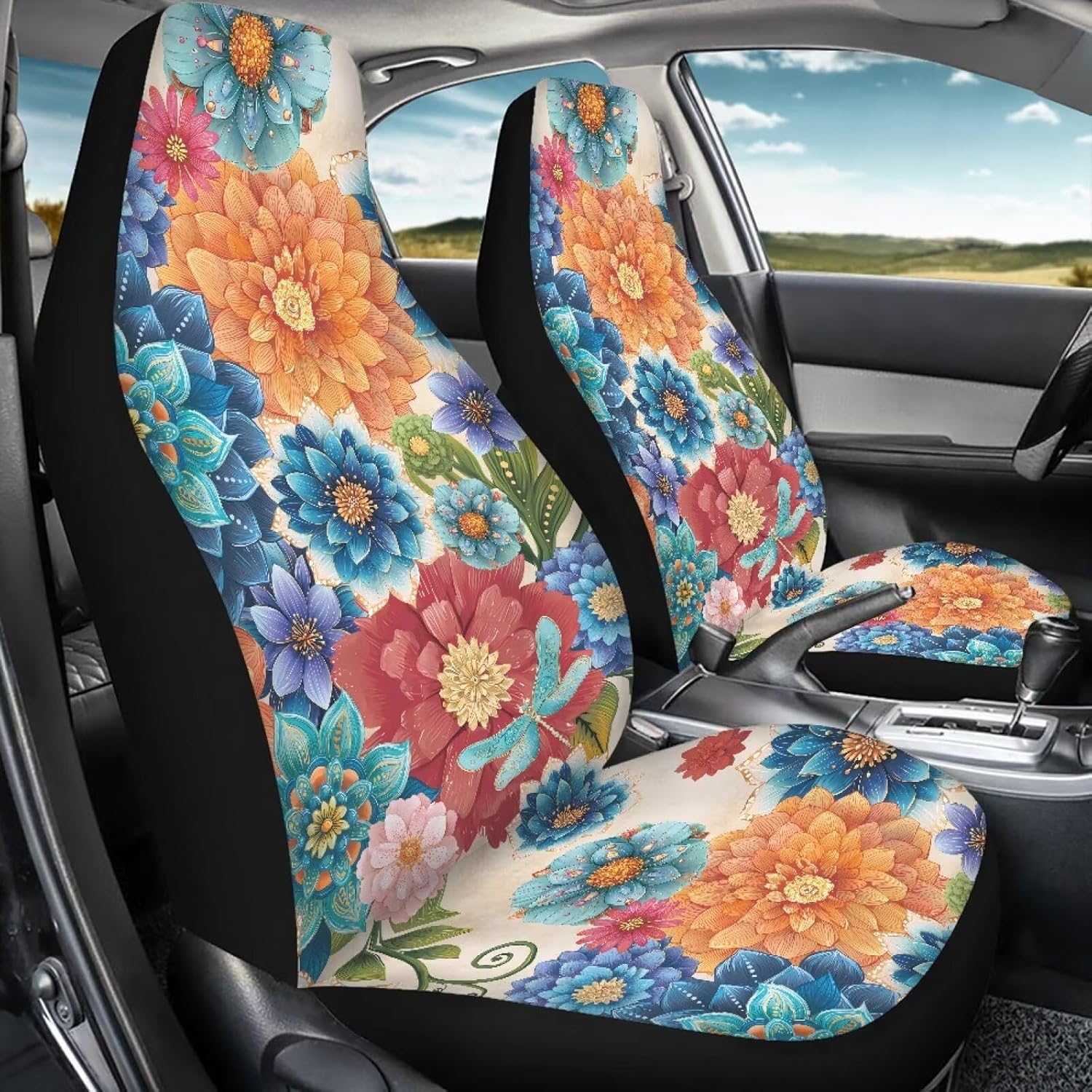 KEIAHUAN Boho Flowers Womens Car Seat Covers 4-Piece Front and Rear Backseat Vehicle Seat Cover Washable Automotive Interior Accessories Easy to Install