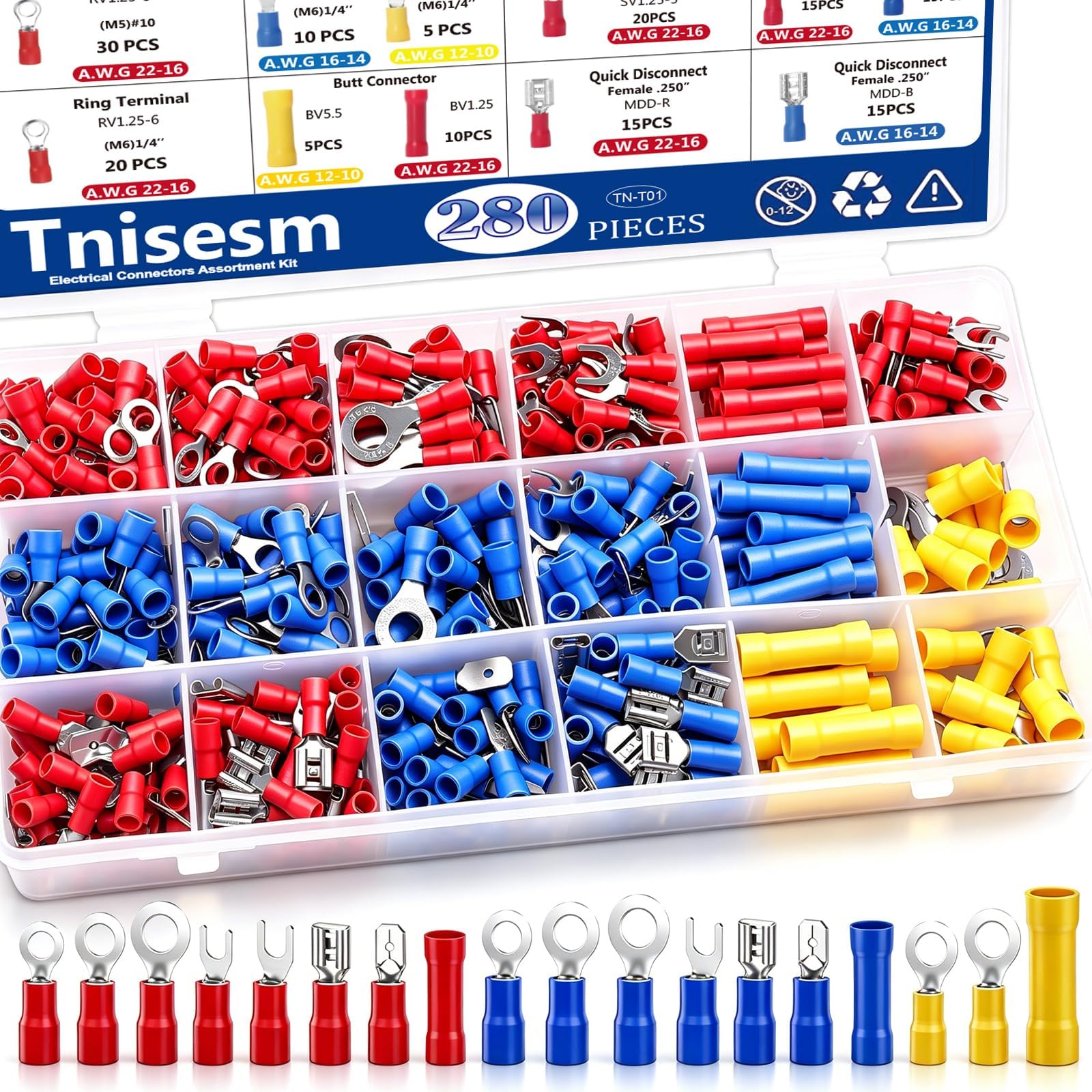 Tnisesm Insulated Wire Crimp Connectors Assortment Kit with Ring, Spade, Butt, Quick Disconnect, Crimp Automotive Cable Terminals TN-T01