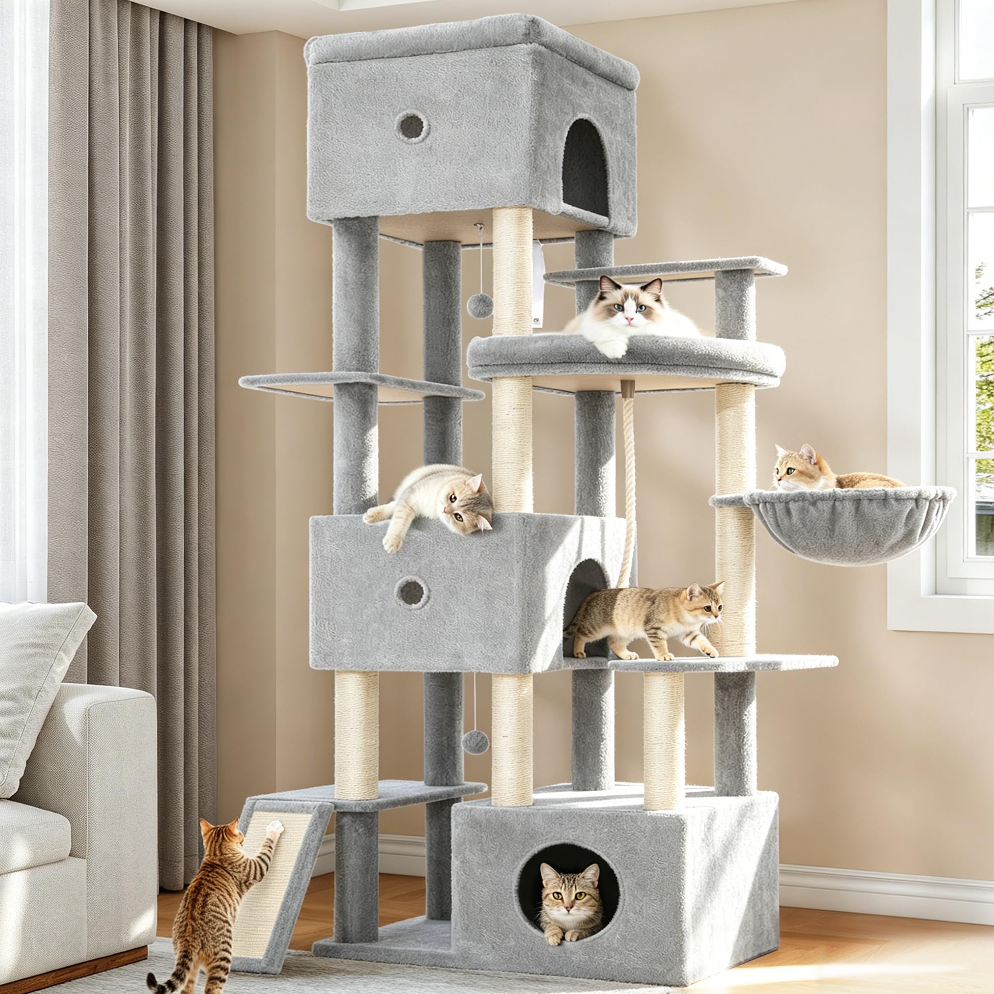 Arbre à Chat XXL, 200cm Grand Tour de Jeux pour Chats, Gris Clair | Arbre à Grimper avec 3 Niches, 7 Griffoirs, Panier, Hamac, Pompons, pour Usage Intérieur