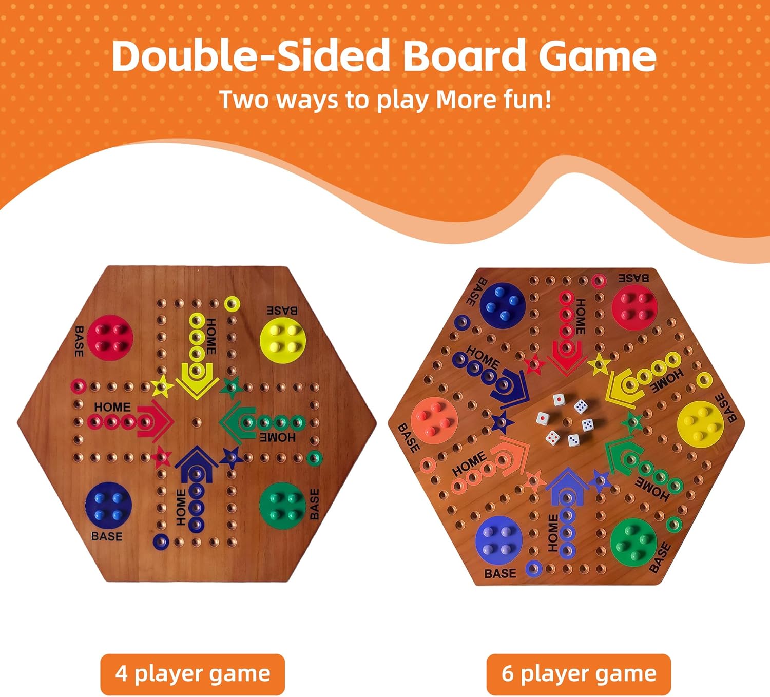 Wooden Board Game, Board Game Original Marble Game Double Sided Painted 2 to 6 Player Fast Track Wooden with 6 Colors 24 Marbles 6 Dice for Adults Kids Family(15 INCH Flame)