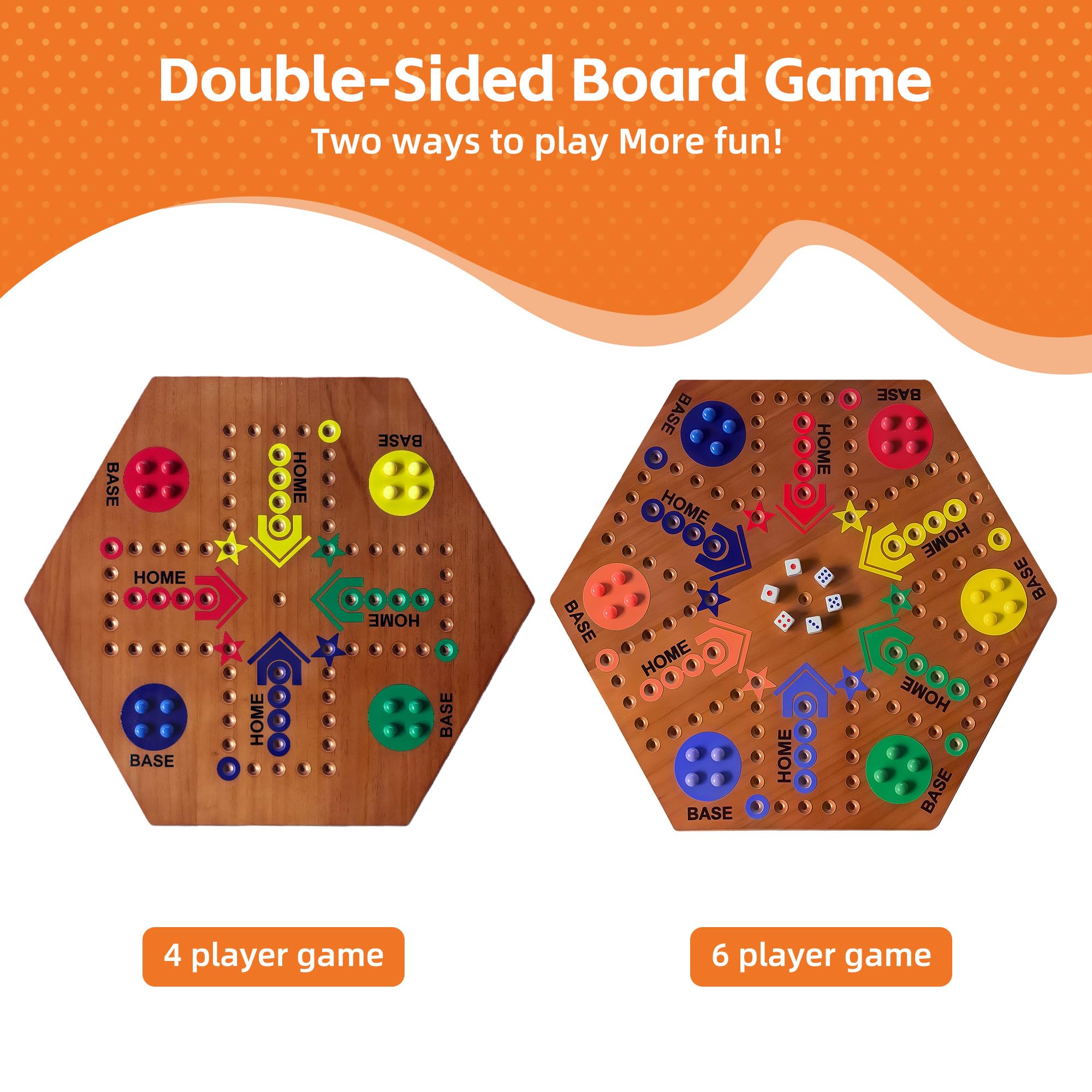 Gioco da tavolo in legno, gioco da tavolo originale in marmo su entrambi i lati, dipinto da 2 a 6 giocatori, Fast Track in legno con 6 colori, 24 biglie 6 dadi per adulti bambini e famiglia (fiamma da