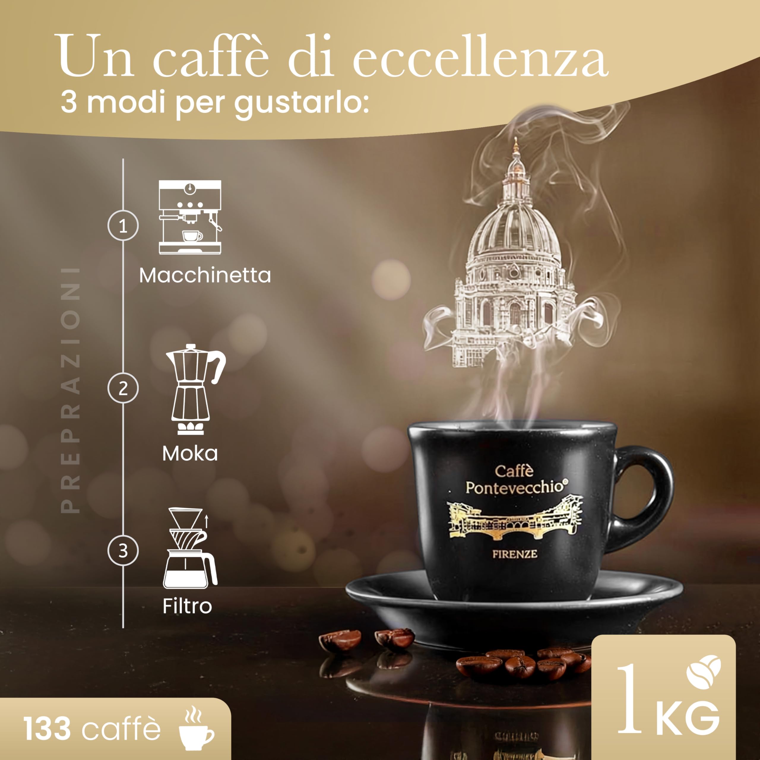 Caffè in Grani 1kg - Miscela 100% Robusta da India Vietnam Indonesia - Chicchi Interi per Moka ed Espresso - Gusto Forte e Tostato con Crema Densa - Made in Italy - CAFFÈ PONTEVECCHIO FIRENZE
