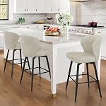 LUE BONA 26 Inch Swivel Bar Stools Set of 3, Counter Height Bar Stools with Back, Upholstered Counter Stools, Faux Leather with Stitching, Metal Legs, Easy Assembly, Light Beige Gray