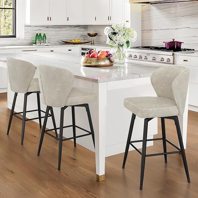 LUE BONA 26 Inch Swivel Bar Stools Set of 3, Counter Height Bar Stools with Back, Upholstered Counter Stools, Faux Leather with Stitching, Metal Legs, Easy Assembly, Light Beige Gray