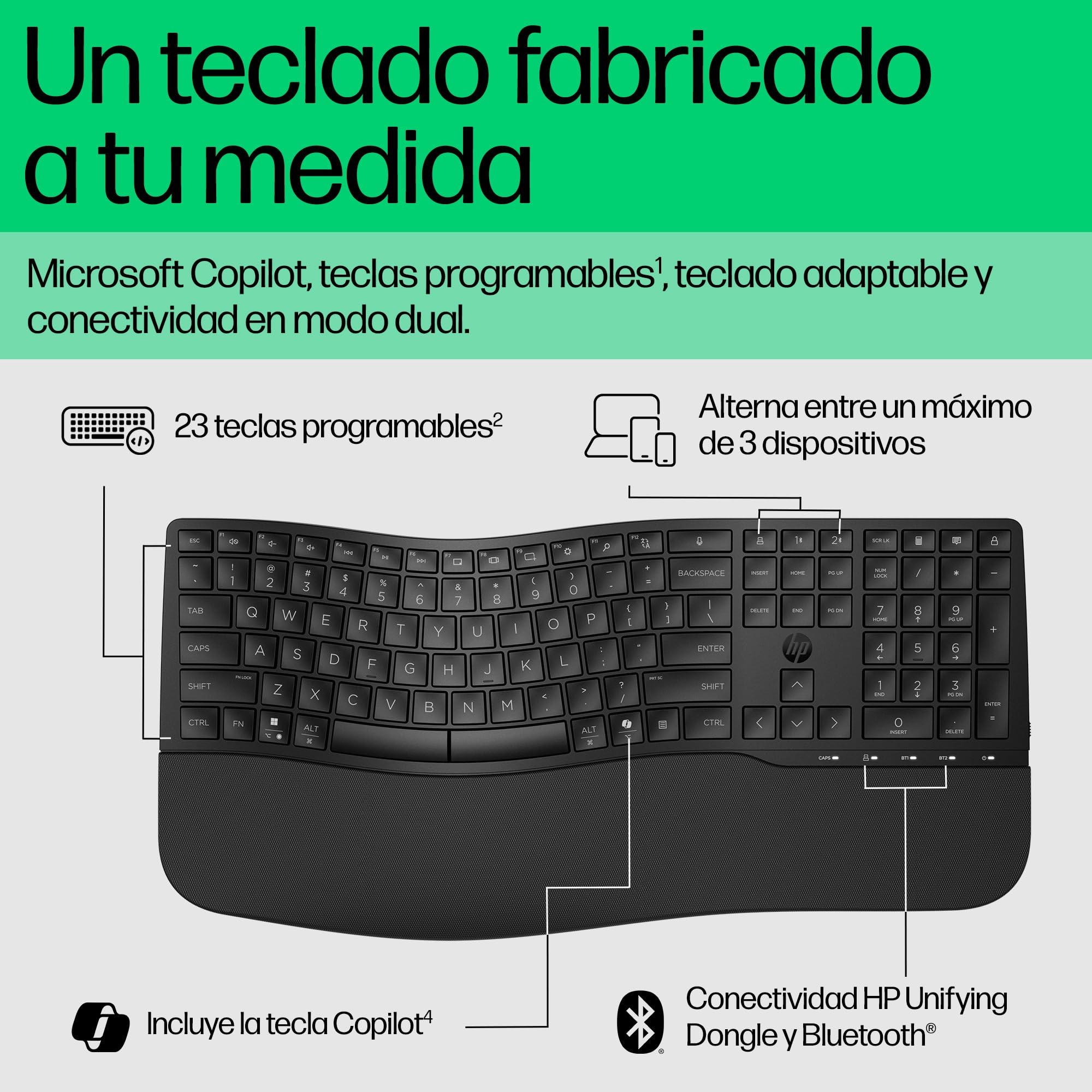 HP 680 Teclado QWERTY Español inalámbrico Dual, Ángulos de Escritura Ajustables, Teclas programables, Conectividad Segura, Diseño Compacto en Forma de Onda, Reposamanos Acolchado, Color Negro