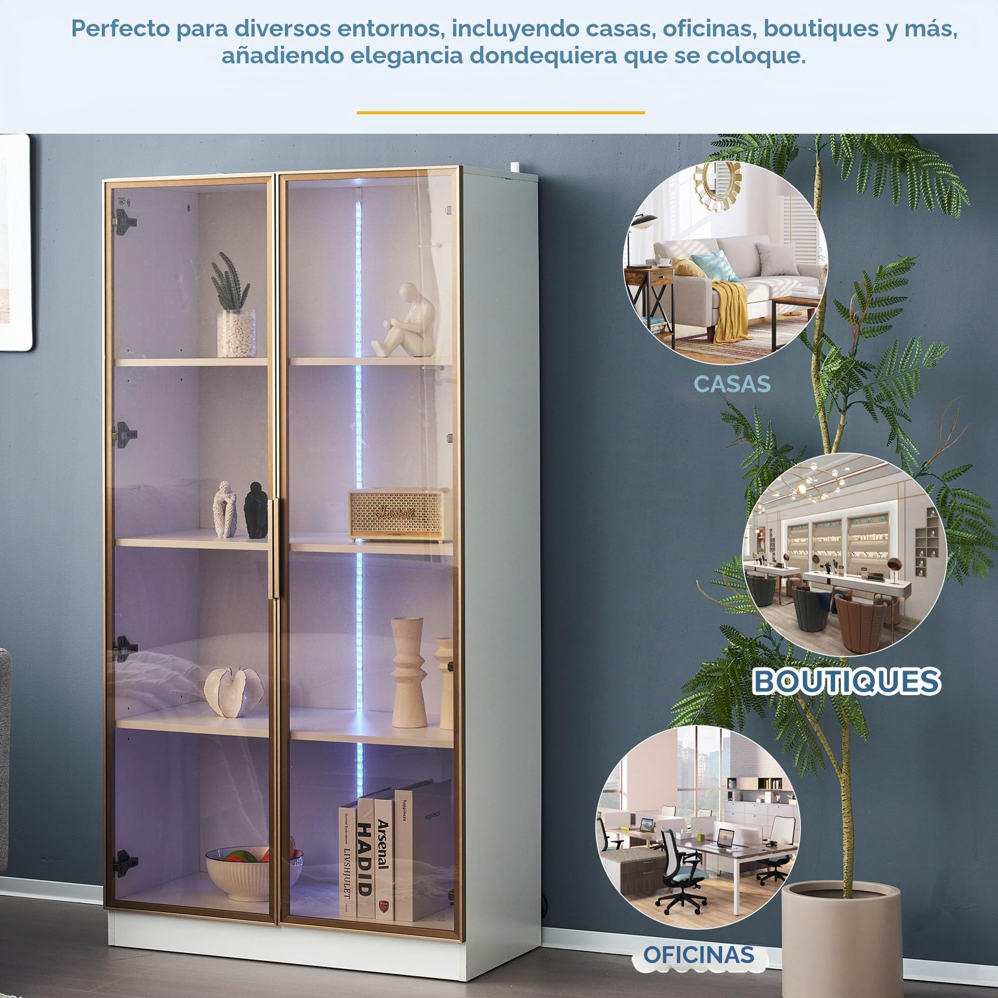 Lexiou Juego de 2 vitrinas de cristal blanco con iluminación LED de 16 colores, vitrina con puertas batientes y estantes móviles, armario alto para sala de estar, armario independiente